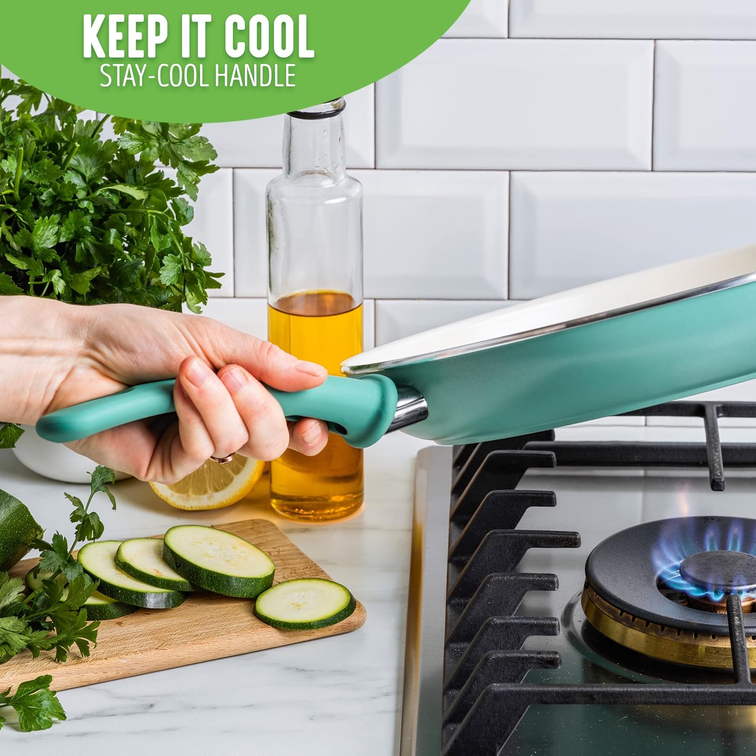 GreenLife Soft Grip 16-teiliges Antihaft-Keramik-Kochgeschirr-Set, bestehend aus Bratpfanne, Stielkasserolle und Topf, PFAS-frei, spülmaschinenfest, ofenfest, türkis