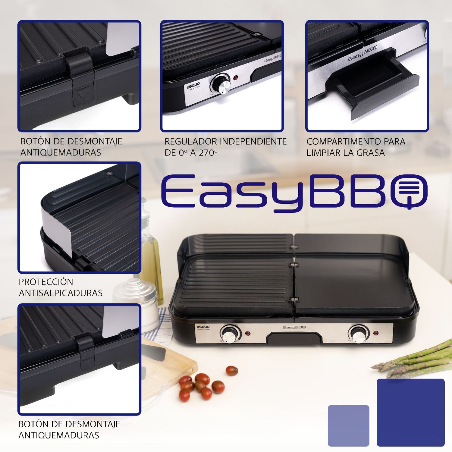 Easy BBQ Grill, Teppanyaki. Zwei unabhängige Kochzonen kombinieren Grill und Grillplatte, zwei wendbare und antihaftbeschichtete Aluminiumplatten mit zwei Thermostaten bis zu 270º.