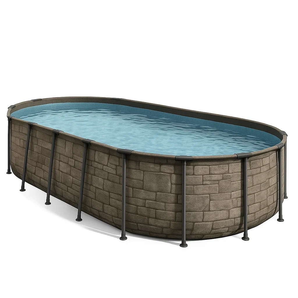 Piscine ovale tubulaire en acier démontable 472 x 286 x 104 cm, coloris pierre/bleu LbnVOvs153lD