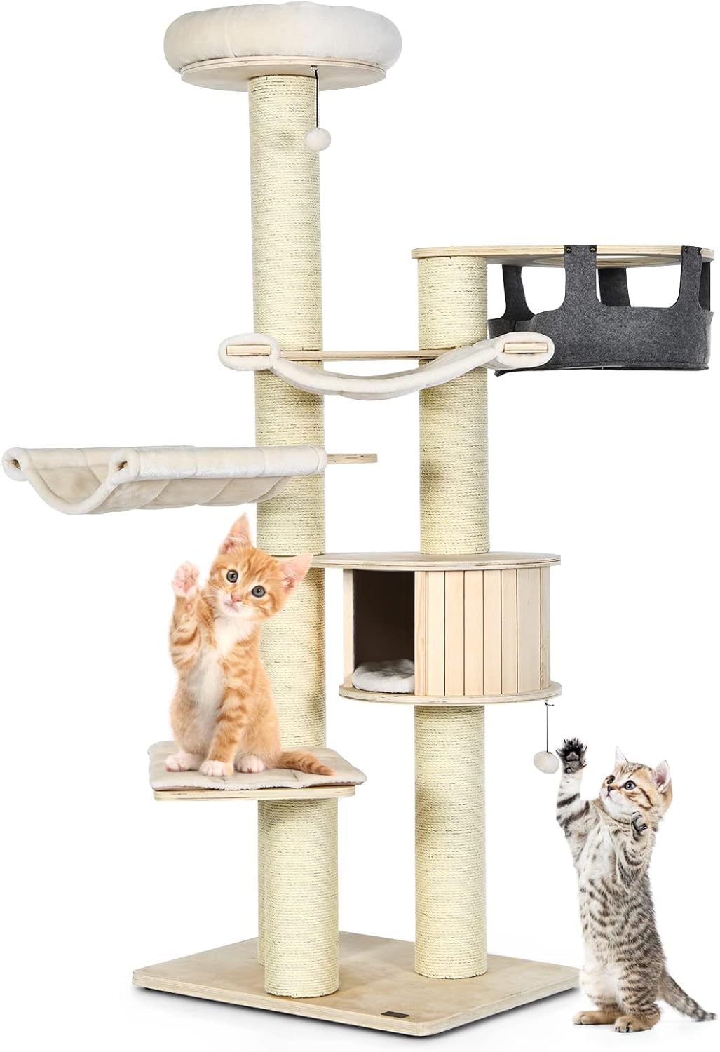Grand arbre à chat, tour à plusieurs niveaux avec poteau en sisal, hamac, panier suspendu et tapis amovibles et lavables, parfait pour les grands chats