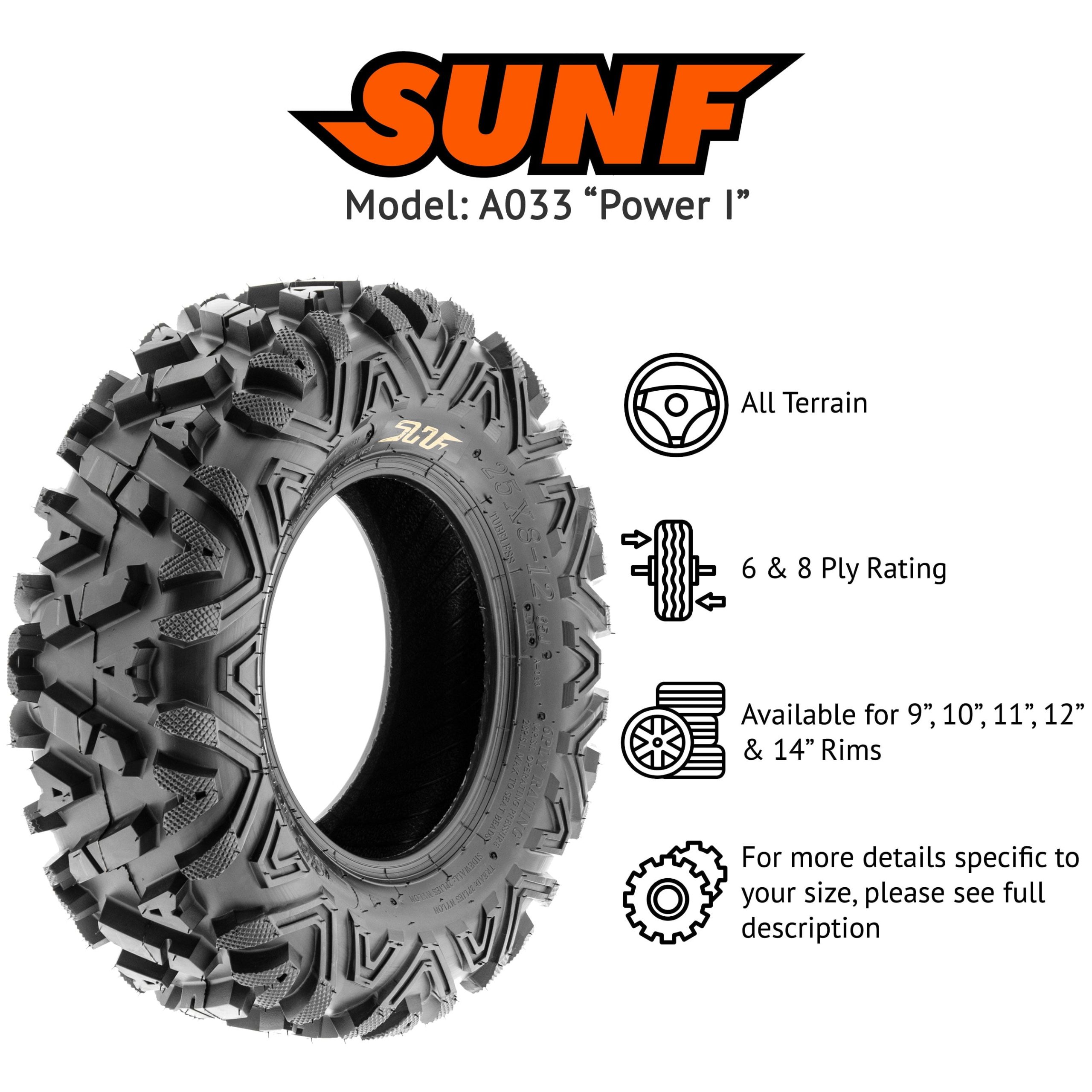 Pneus tout-terrain SunF 2025 pour VTT/SSV 25×8-12 et 25×10-12 (lot de 6) A033 | Ensemble complet de 4 pneus