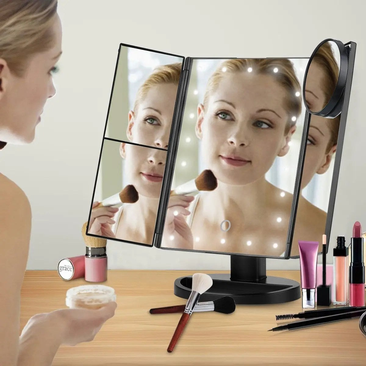 Miroir de maquillage intelligent avec éclairage, grossissement x10, réglable, 22 LED