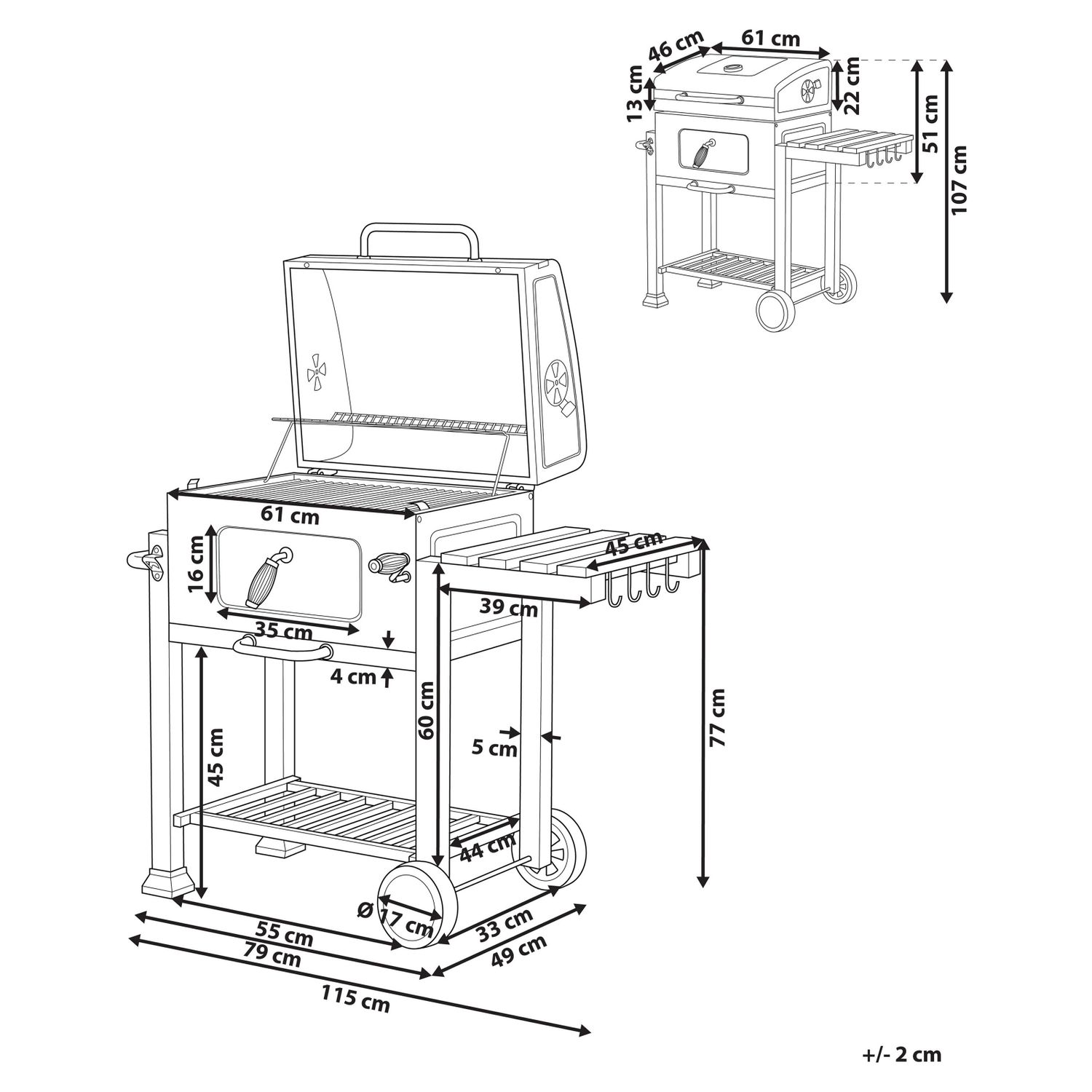 Holzkohlegrill, Stahlgrau, mit Deckel, Grillrost, Rädern, 2 Ablagen, Thermometer, herausnehmbarem Aschenbecher, Gartenpavillon – Grau