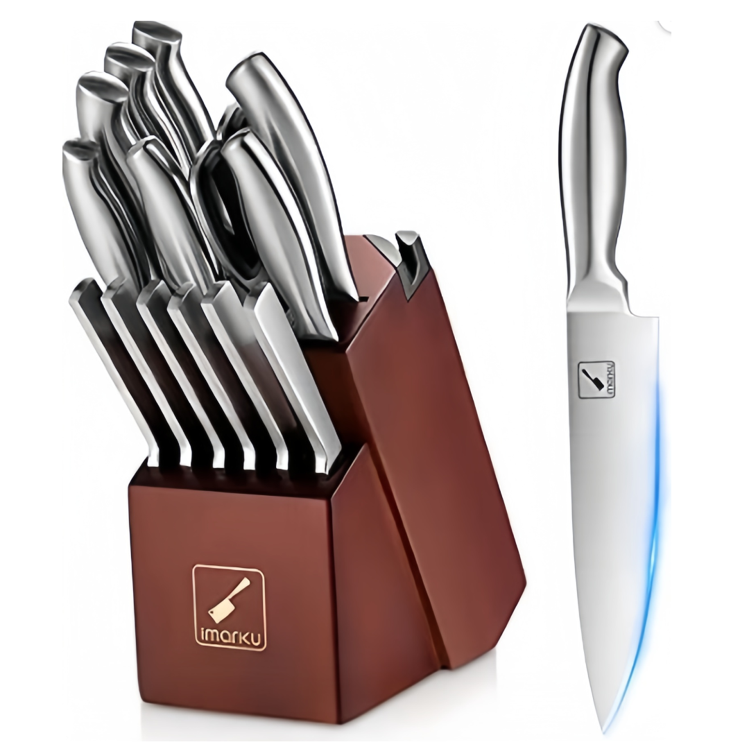 Küchenmesserset mit Block, imarku, 15-teilig, aus deutschem Kohlenstoffstahl, mit integriertem Messerschärfer, silberfarben