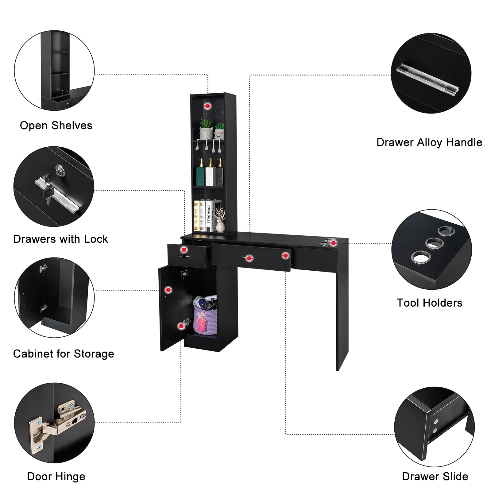 OmySalon Wandmontierte Frisierstation 2025 für Kosmetikstudios und Spas. Mit 2 Schubladen, 1 Schrank und 3 offenen Regalfächern (Schwarz).