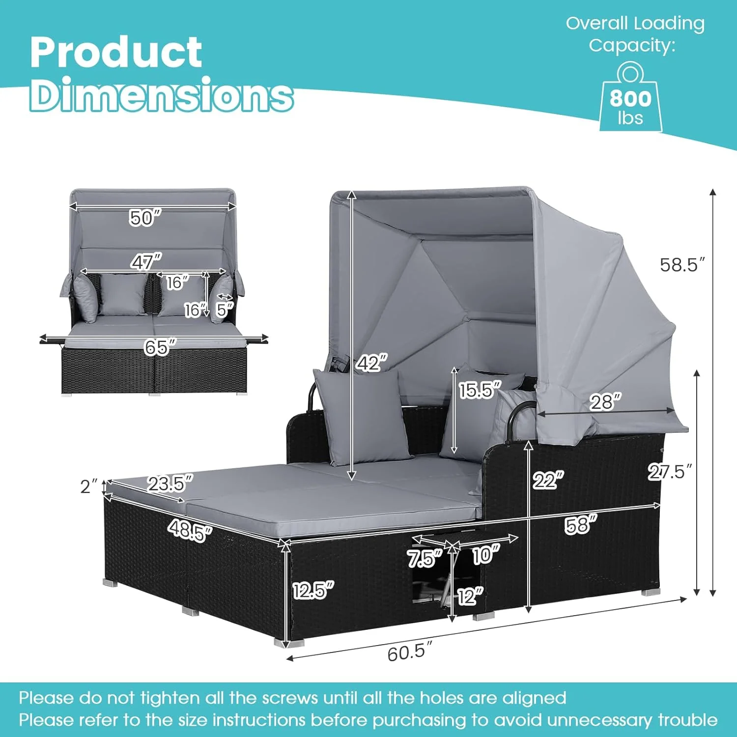 RELAX4LIFE udendørs haveseng med baldakin. Vævet harpiks liggestol med hynder. 4 puder og 2 udtrækkelige sidebakker. Loungeseng til 2 personer til pool, veranda, have. Rattan udendørs seng (turkis)