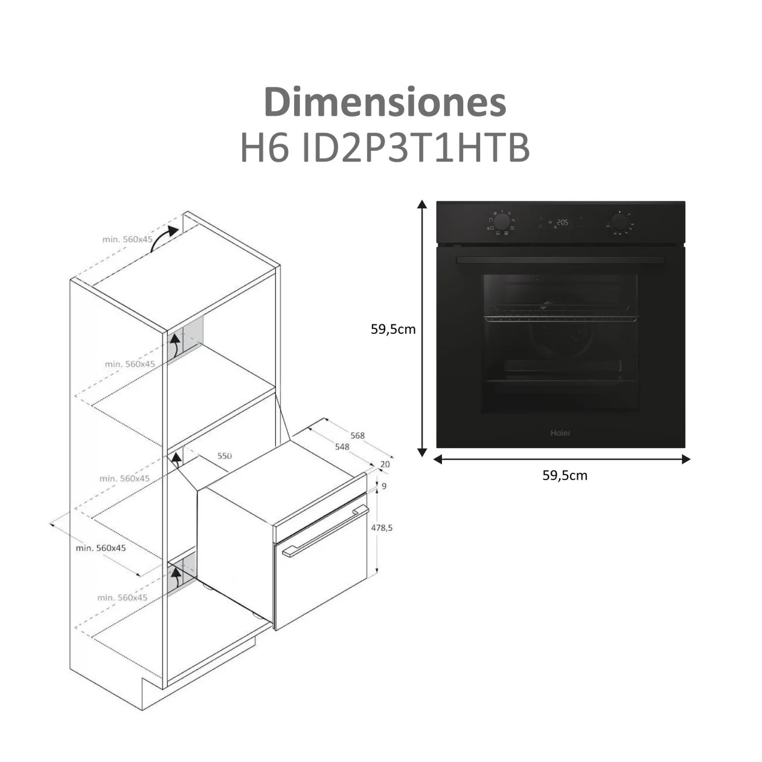 Haier H6 ID2P3T1HTB Multifunktionsbackofen, 3,3 kW, 78 l, Klapptür, 9 Kochfunktionen, Energieeffizienzklasse A+ – Schwarz