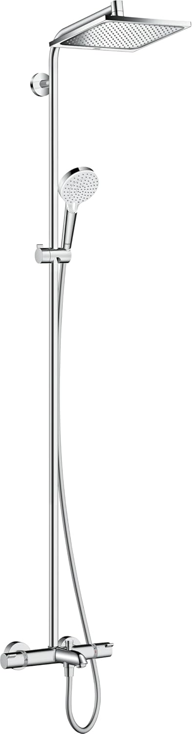 hansgrohe Crometta E - wassersparendes Duschsystem (EcoSmart) mit Thermostat, Regendusche (240 x 240 mm), Handbrause (2 Strahlarten), flexiblem Schlauch, Brausestange und rechteckigem, feststehendem Brausekopf, Chrom, 27281000