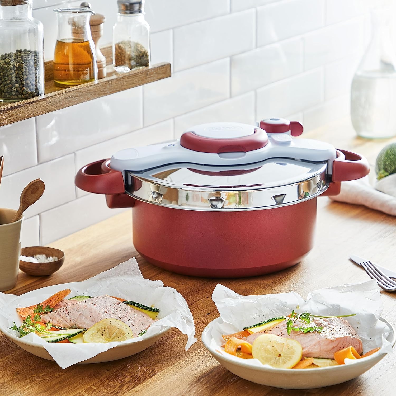 Tefal P47051 Clipso Minut Duo Aluminium-Schnellkochtopf mit 5 Sicherheitssystemen und einfacher Einhandbedienung, Grau/Rot, 5 l