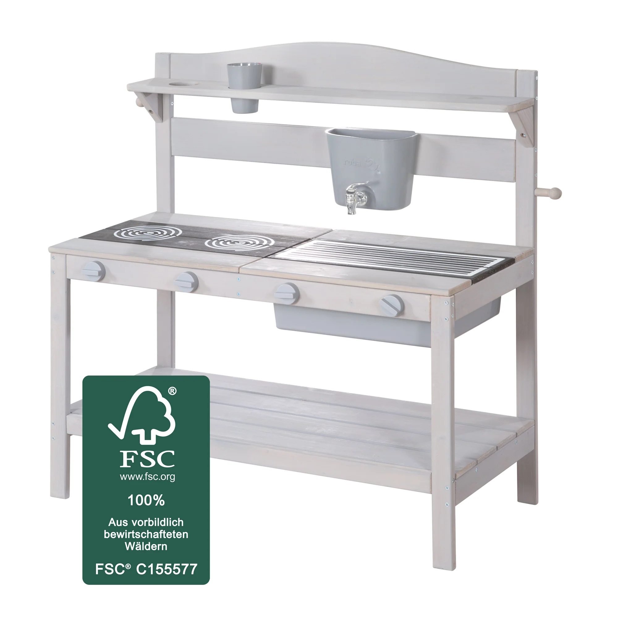 Lehmküche im Freien mit Zubehör – FSC-zertifiziertes Holz – gravierte graue Oberfläche