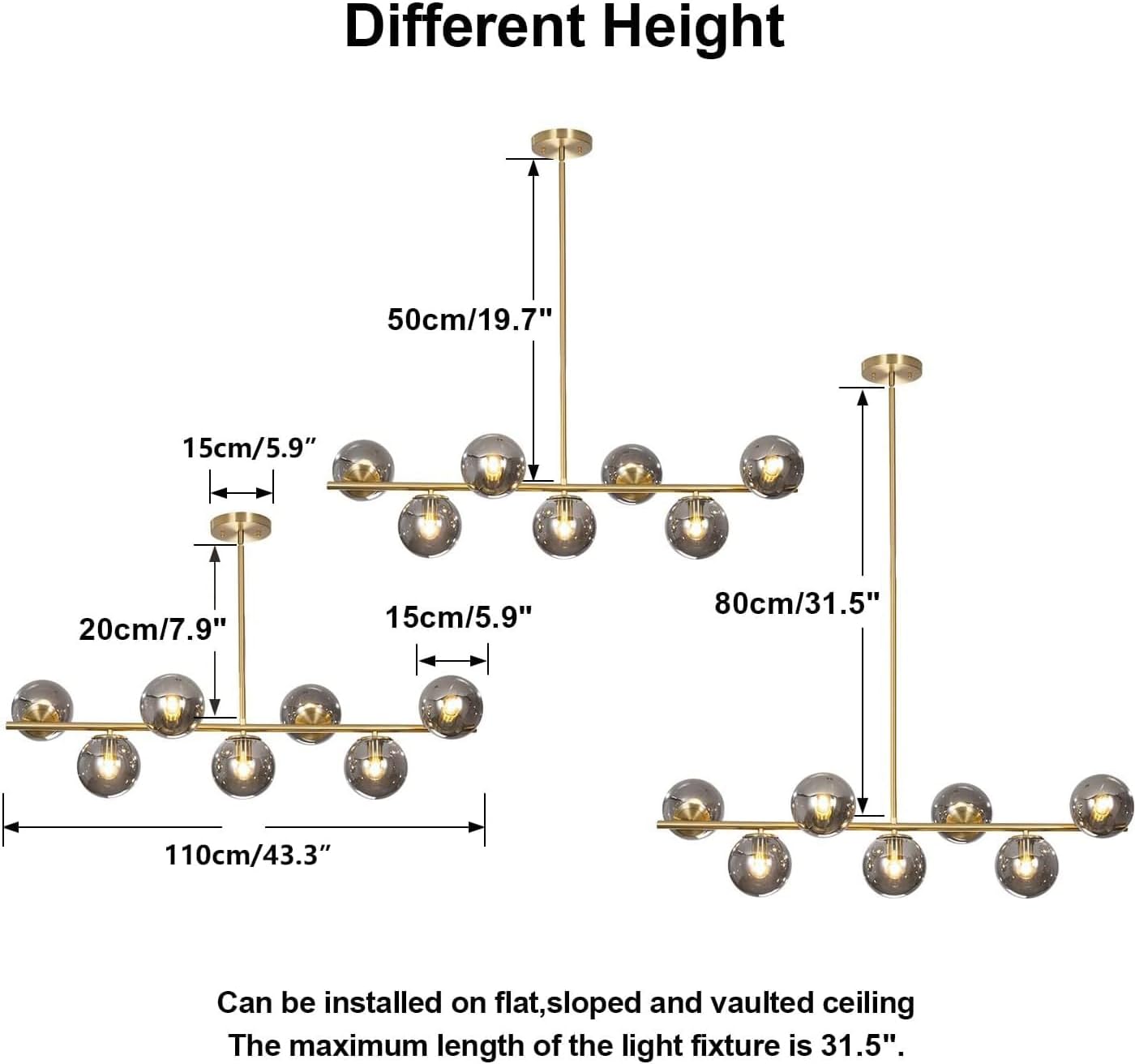 Moderne Esszimmerleuchte von KCO Lighting aus goldfarbenem Metall, Kücheninsel-Pendelleuchte aus weißem Glas, 7-flammig, E27, 80 cm höhenverstellbar