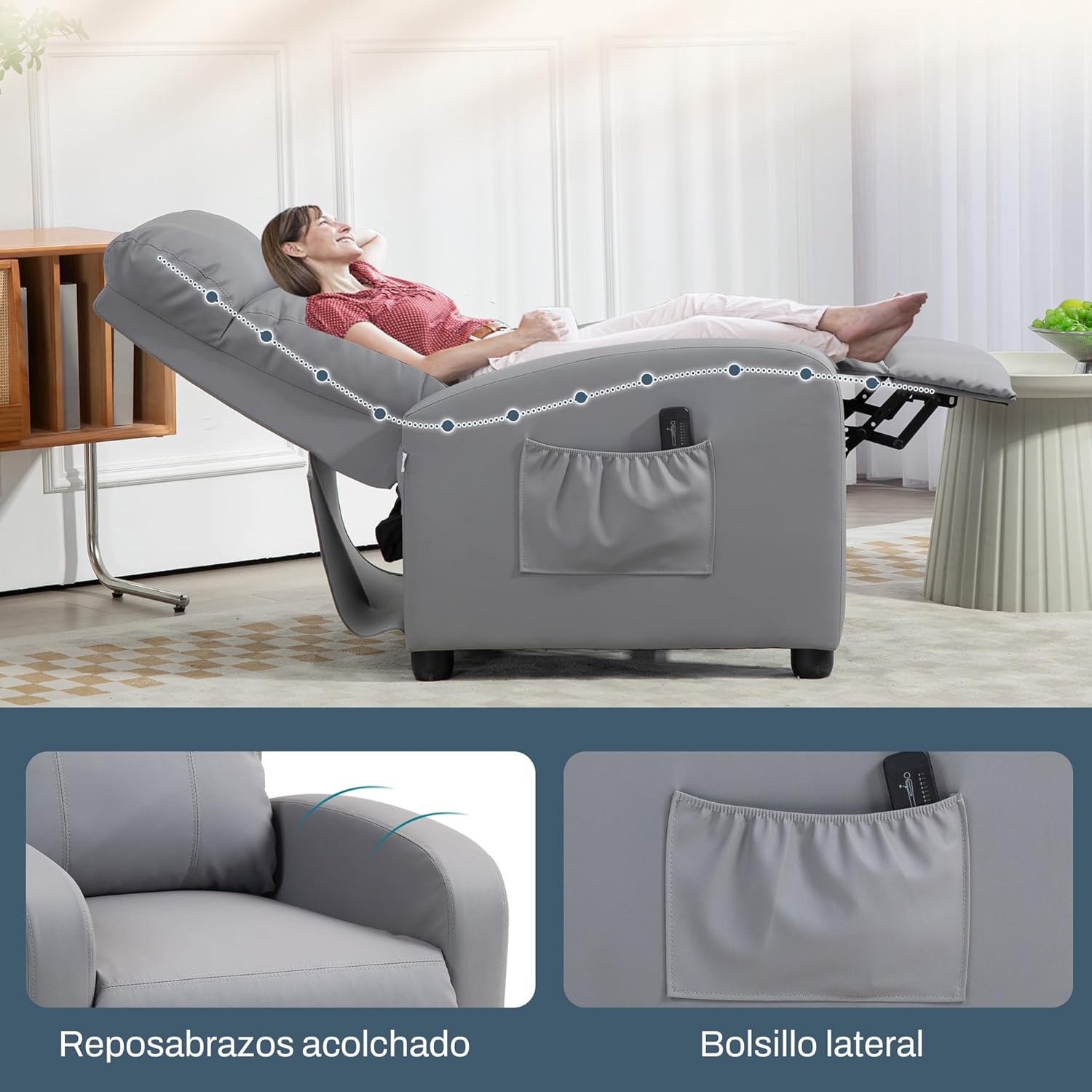 HOMCOM Massagestol, Hvilestol med Fjernbetjening, 2 Massagezoner, 8 Programmer, 5 Intensitetsniveauer, 1 Sidelomme og Timer, PU Betræk, 68x88x98 cm, Creme