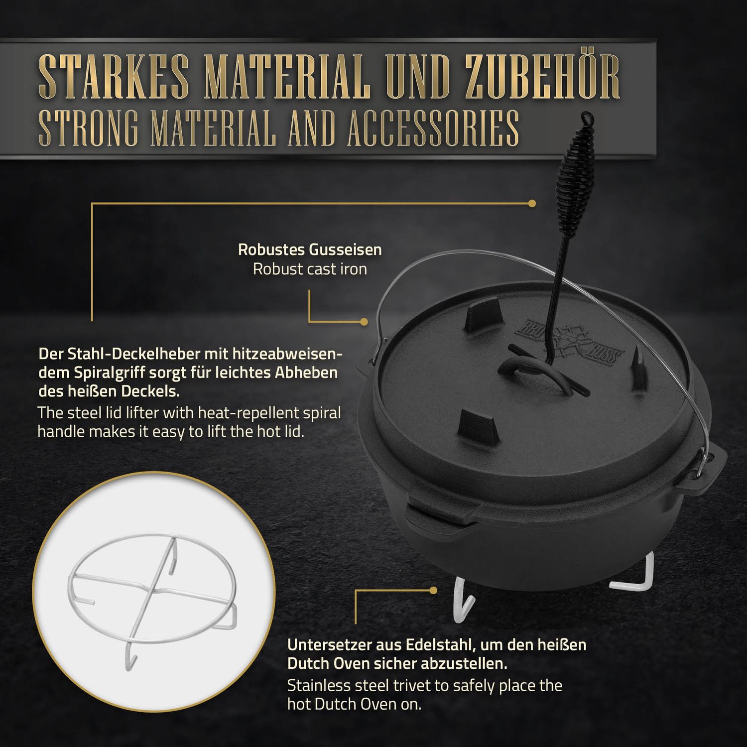 Ensemble de four hollandais BBQ 7,3 L en fonte noire avec élévateur et dessous de plat BBQ#boss