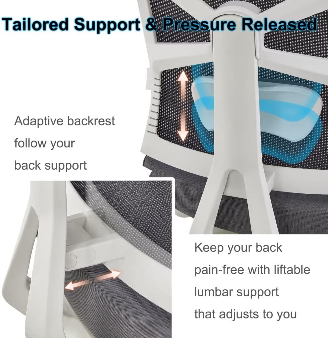 HOLLUDLE Ergonomischer Bürostuhl mit adaptiver Rückenlehne, hoher Rückenlehne, 4D-Armlehnen, verstellbarer Sitztiefe, Lendenwirbelstütze und 2D-Kopfstütze, Schwarz