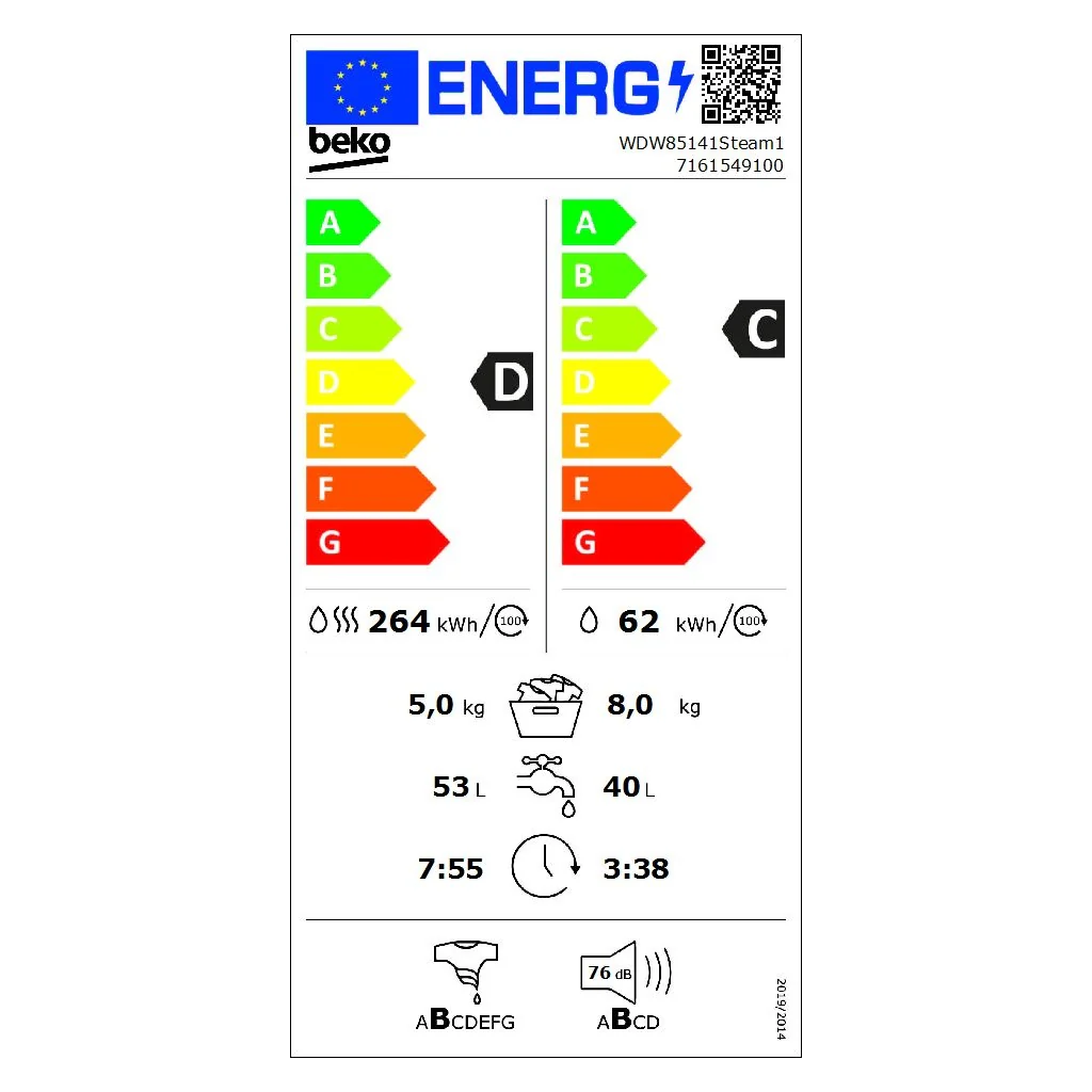 Beko WDW85141 Steam1 Waschtrockner, Baujahr 2025. 1400 U/min. XL-Tür. Dampffunktion. Weiß.