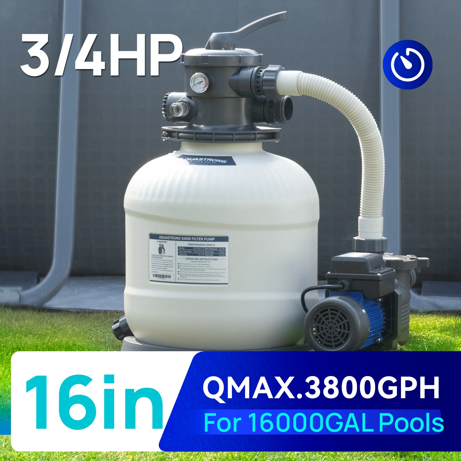 Pompes à filtre à sable 2025, 115 V. Puissance : 0,5 à 3 CV. Diamètre : 30 à 50 cm. Débit jusqu’à 33 400 l/h pour piscines jusqu’à 144 000 litres. Avec vanne à 6 voies.