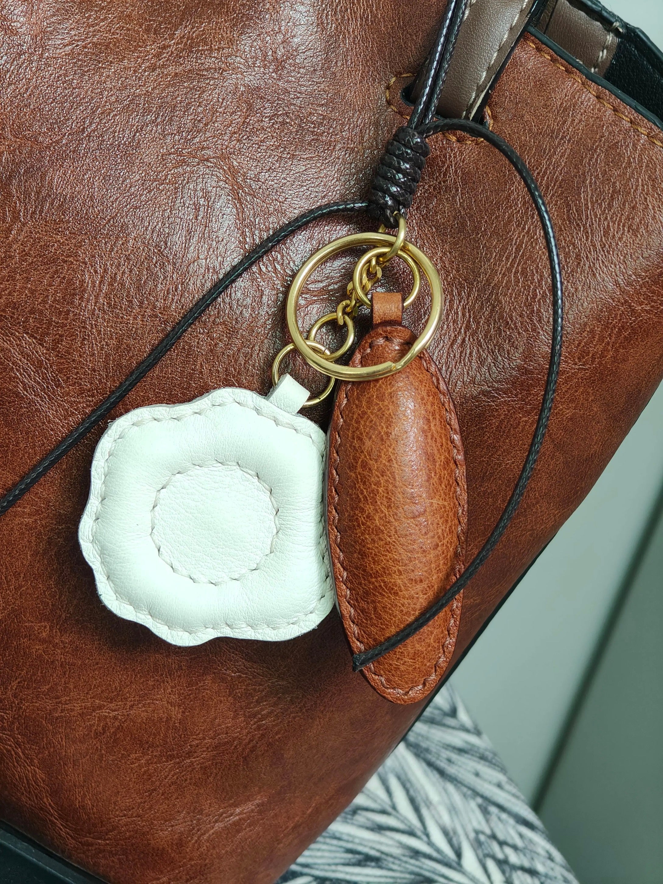 Egg and Bread Bag Charm - Handmade Full-Grain Leather