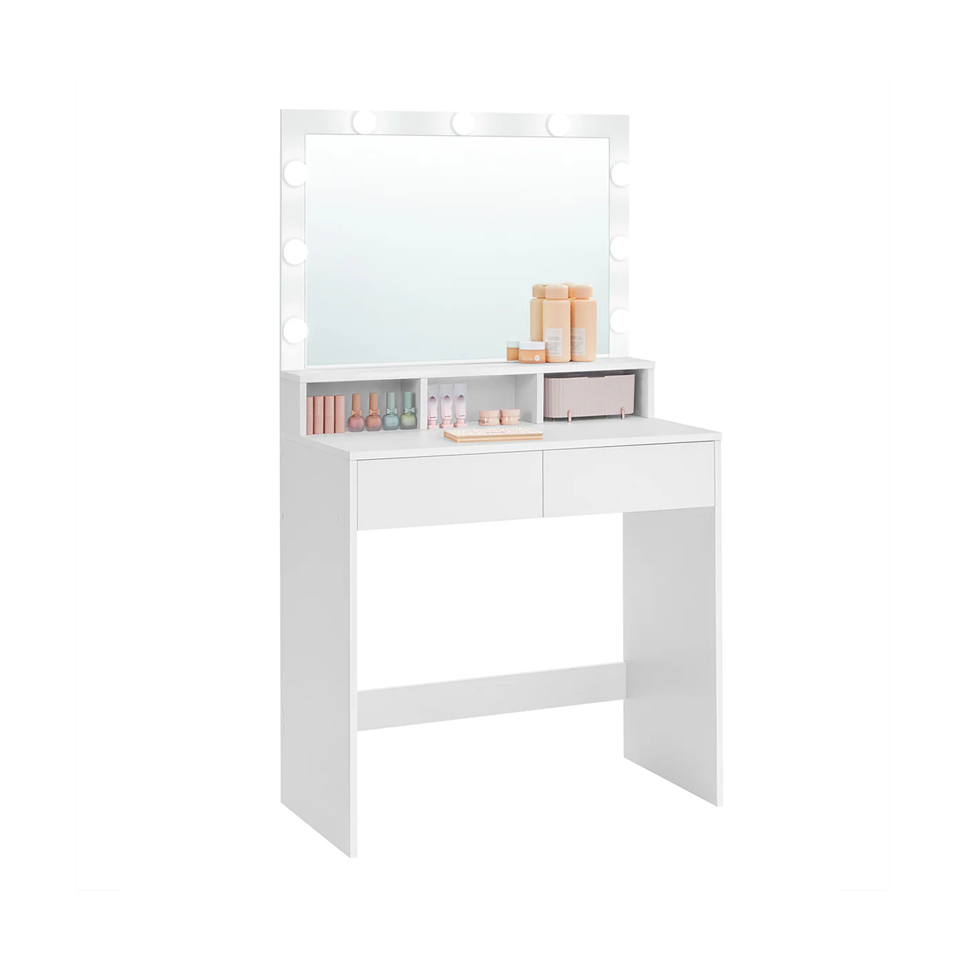 Toiletbord med lys og spejl, hvid