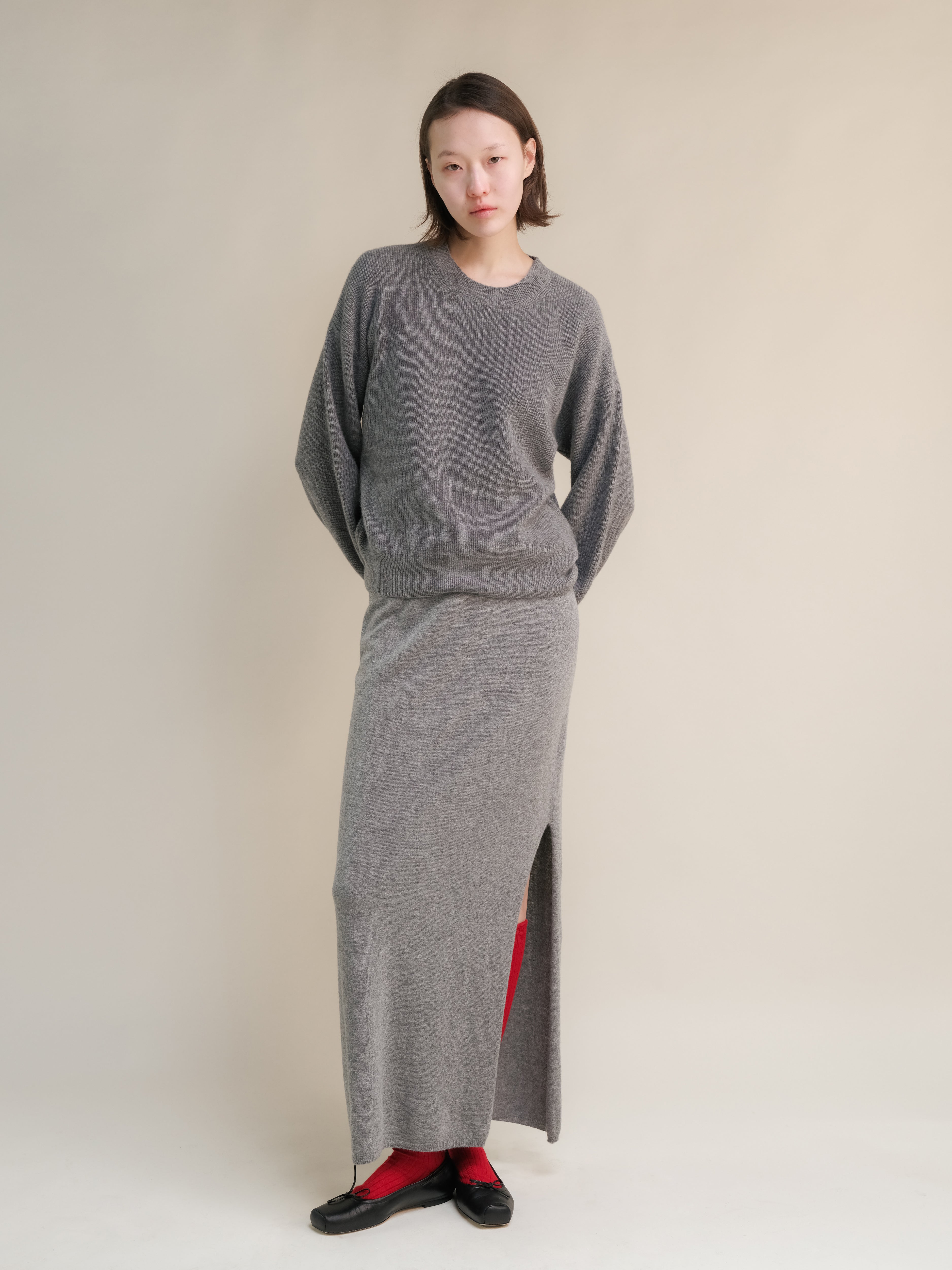 Cashmere Blend High-Waist Long Skirt With Side Slit (3D-Knit)