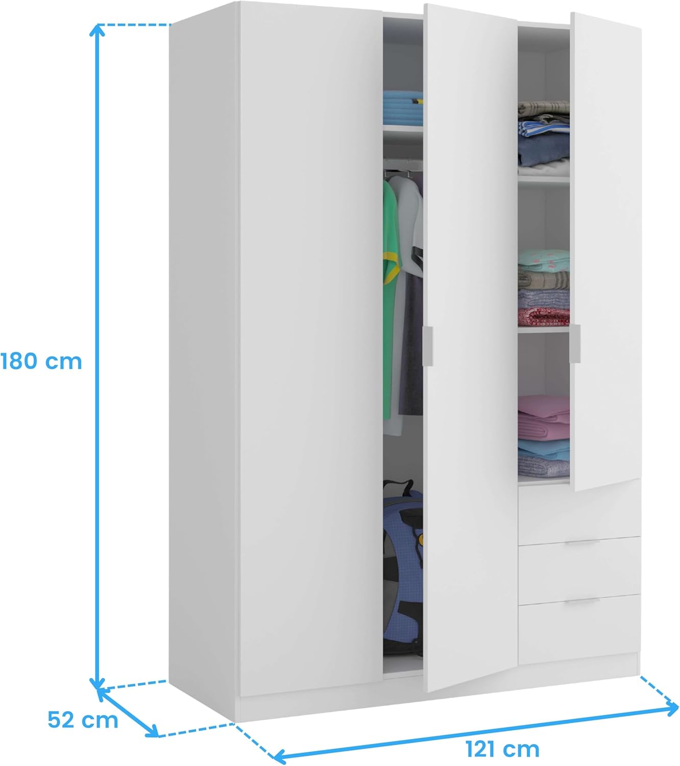 Habitdesign Kleiderschrank mit drei Türen und drei Schubladen, Ausführung: Arctic White, Maße: 121 cm (B) x 180 cm (H) x 52 cm (T)