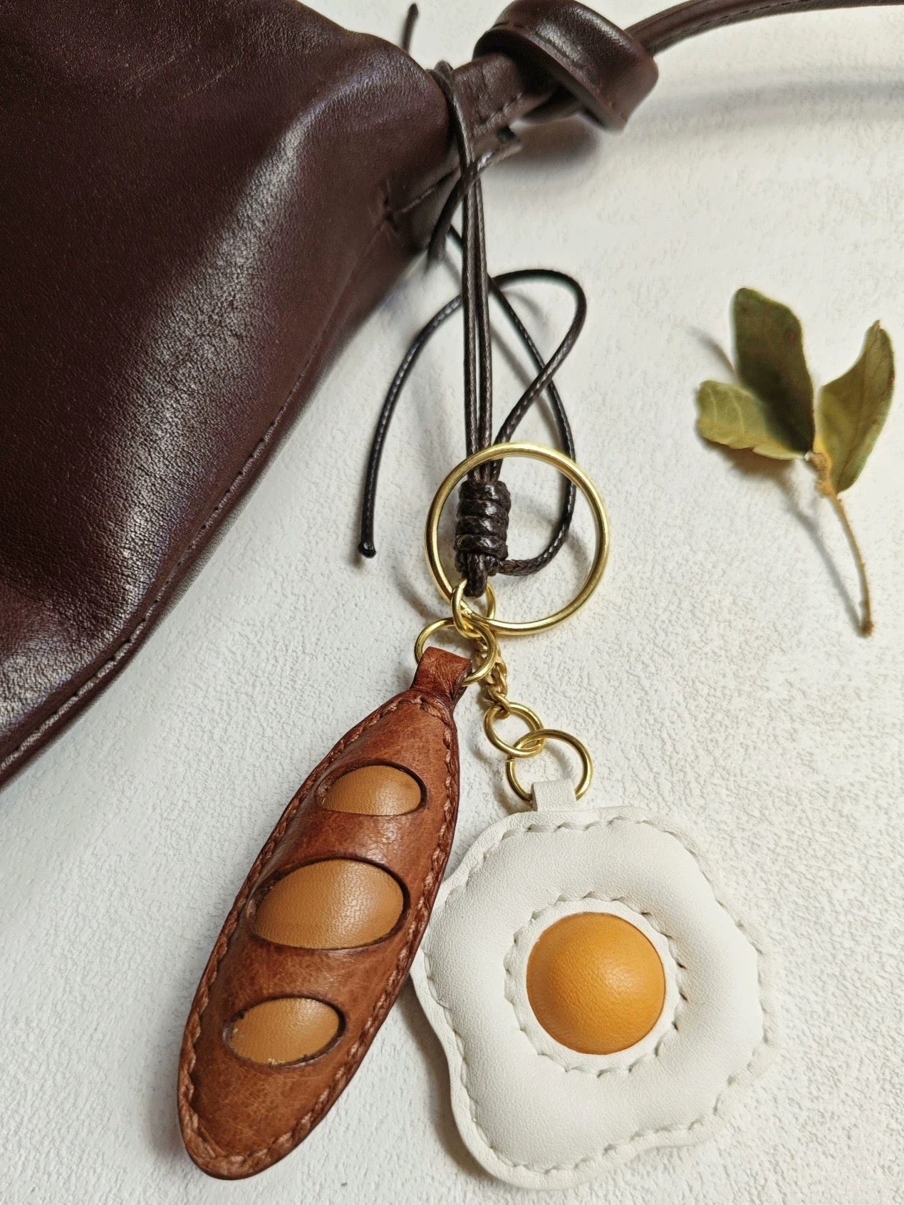 Egg and Bread Bag Charm - Handmade Full-Grain Leather