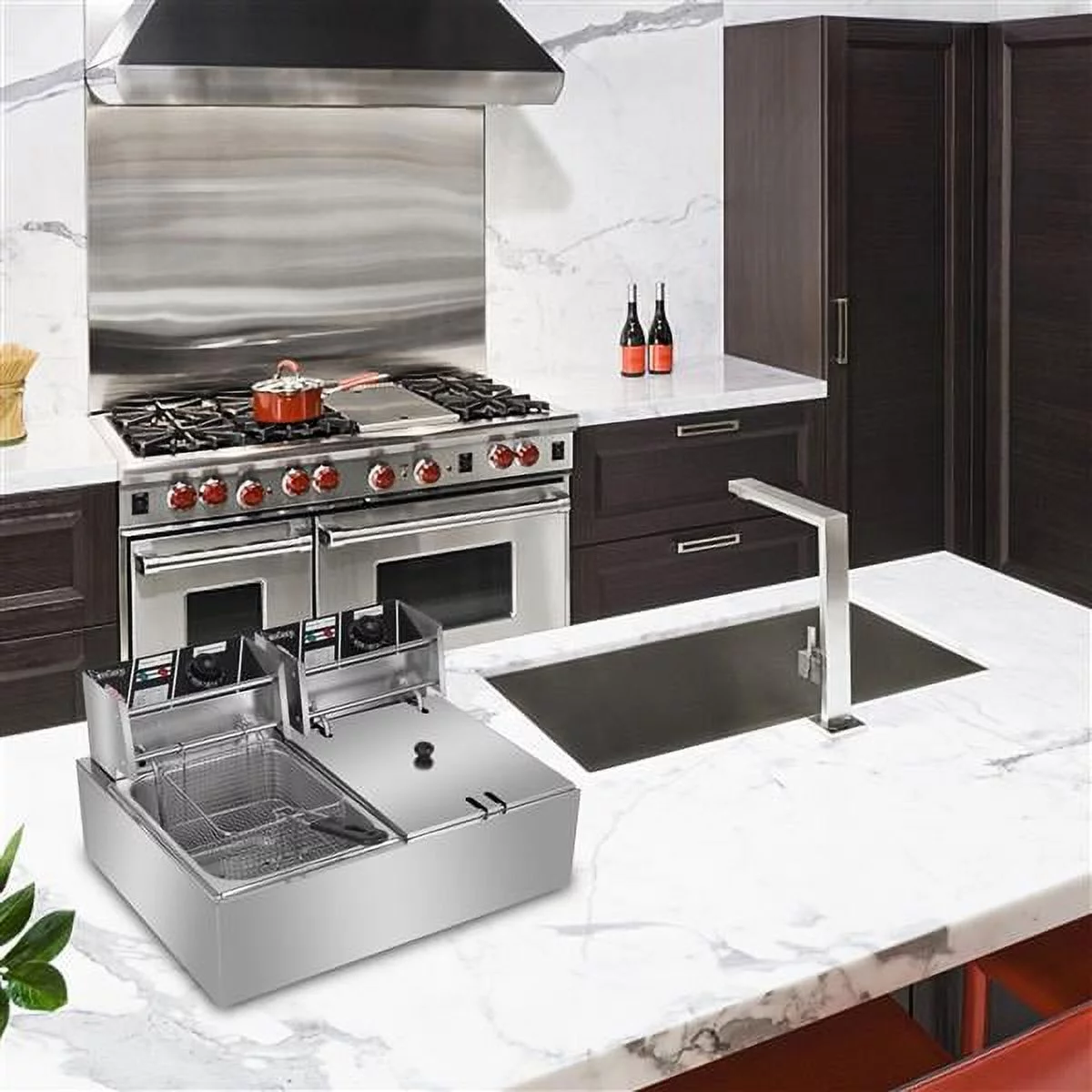 Friteuse électrique de comptoir avec double cuve en acier inoxydable - Grande capacité - Appareil de comptoir - Friteuse industrielle avec grande cuve pour frites (12,7 pintes/12 L. 5000 W)