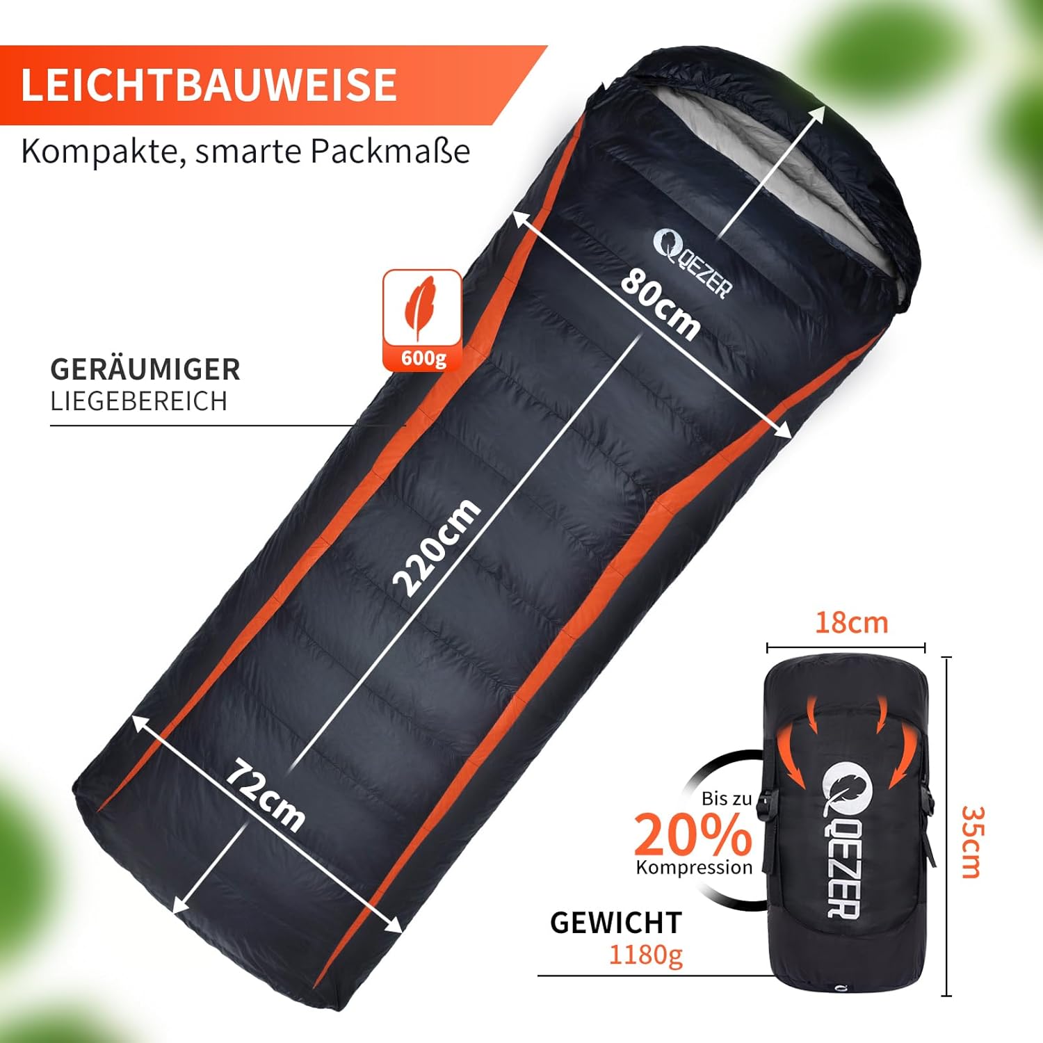 QEZER Dunsovepose 220 cm x 80 cm 8~-3 ℃ 4 sæsoner Ultralet sovepose til voksne og børn, sovepose til camping og vandreture