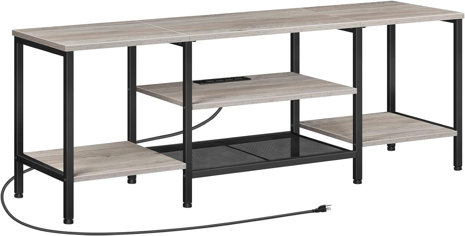 TV-Ständer mit integrierten Steckdosen für Fernseher bis zu 75 Zoll, Konsolentisch mit offenen Regalen, Entertainment-Center im Industrial-Stil für Wohn- oder Schlafzimmer, Rustikales Braun und Schwarz BF60DS01