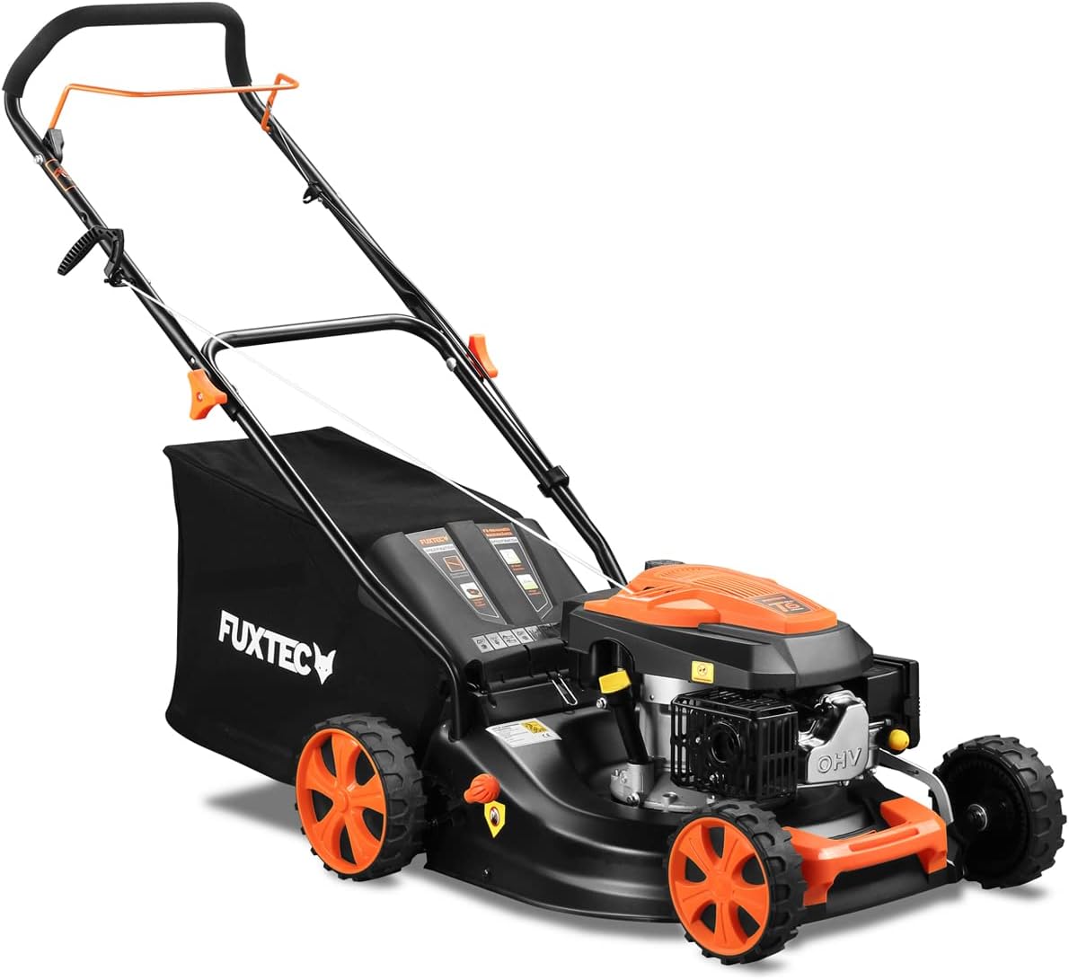 Tondeuse à gazon à essence FUXTEC FX-RM4646ECO, largeur de coupe de 46 cm, puissant moteur à essence de 146 cm³, nettoyage facile, 3 en 1, 2,6 kW, bac de ramassage mulching de 50 l.