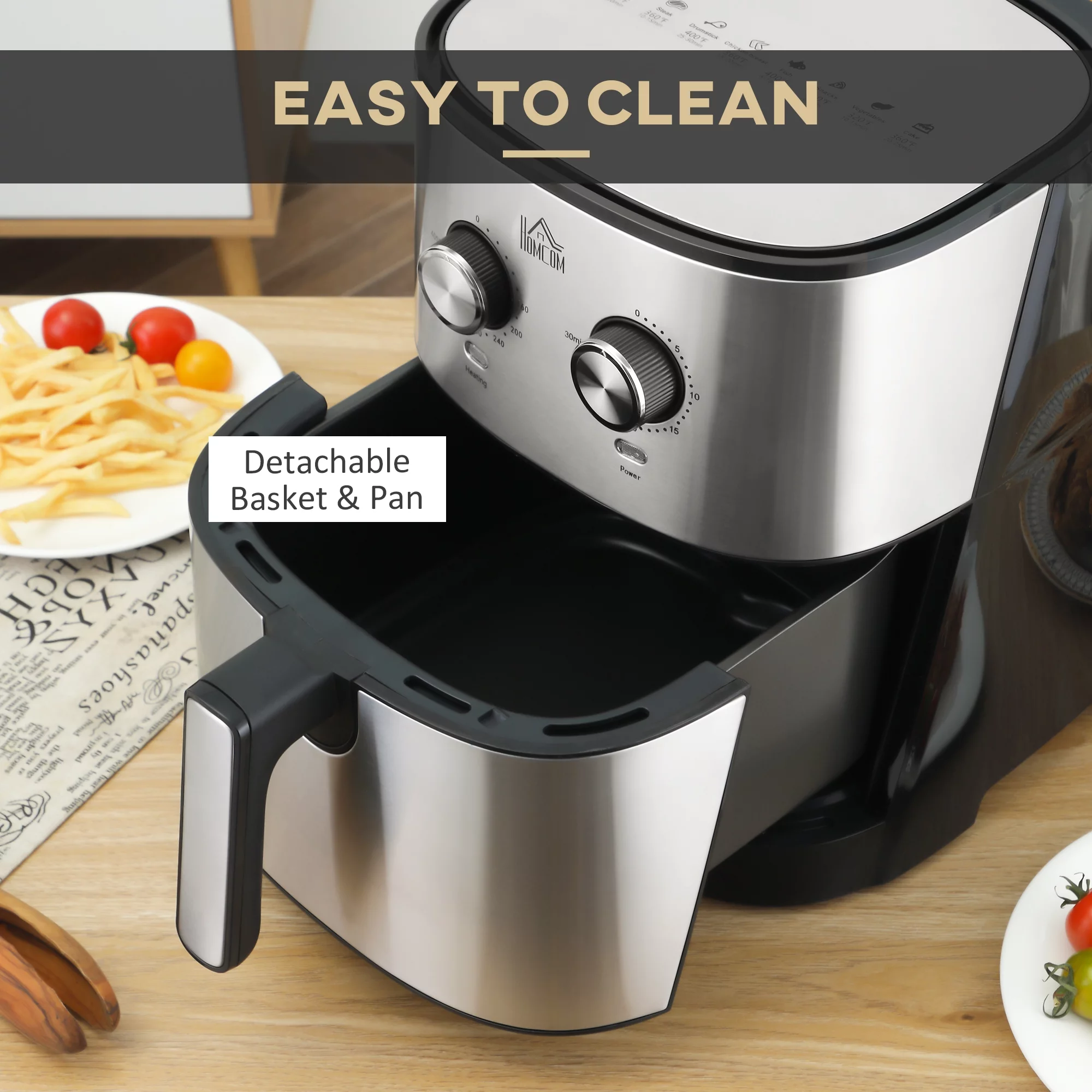 2025 Varmluftfrituregryde. 1700 W. 6,9 liter. Konvektionsovn med 360° luftcirkulation. Justerbar temperatur. Timer og non-stick kurv til fedtfri eller fedtfattig madlavning.
