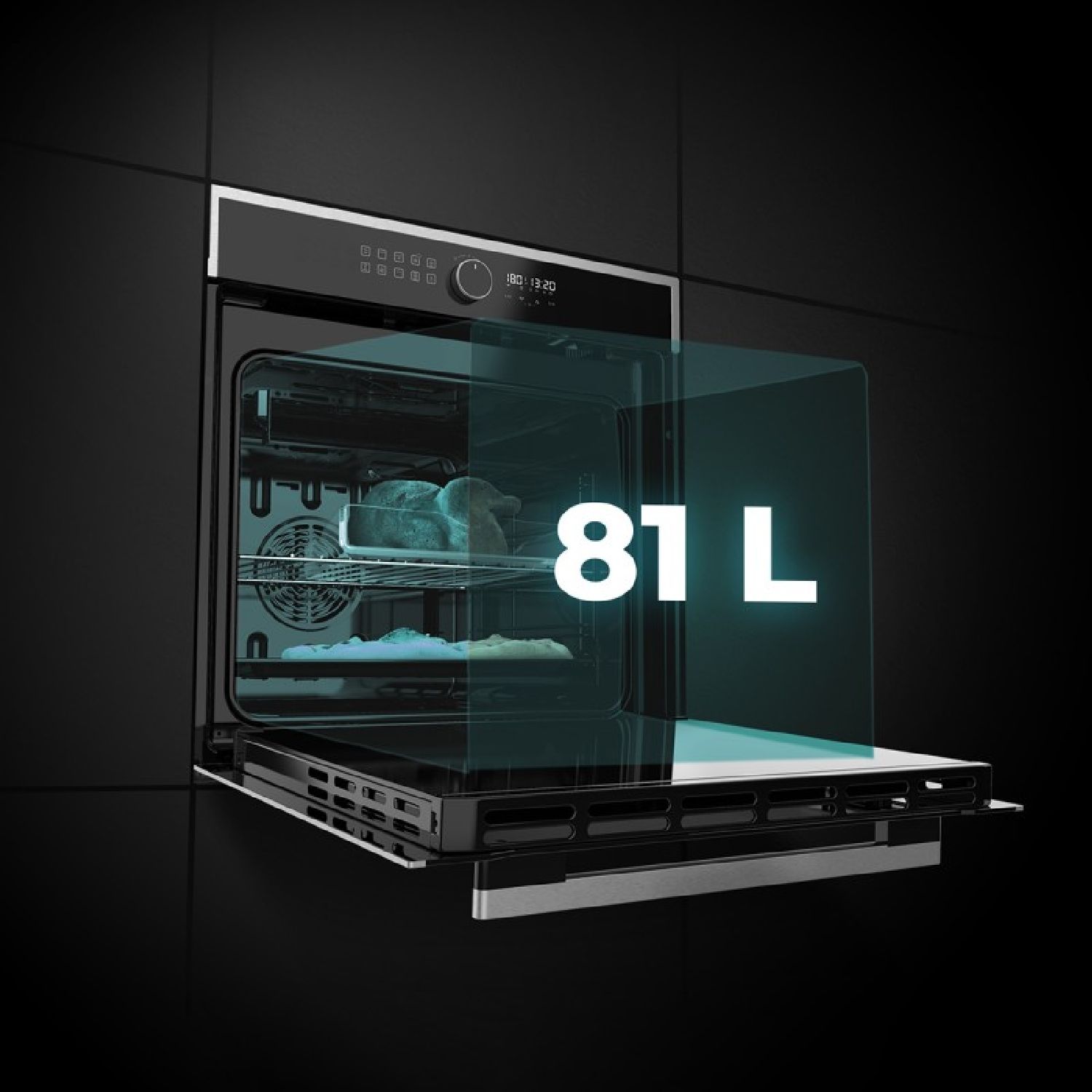 Eingebauter Airfryer-Backofen mit 81 Litern Fassungsvermögen und 11 Funktionen, darunter Airfryer Master, Pizza Master, Dampfgarhilfe und Dampf-Easyclean.