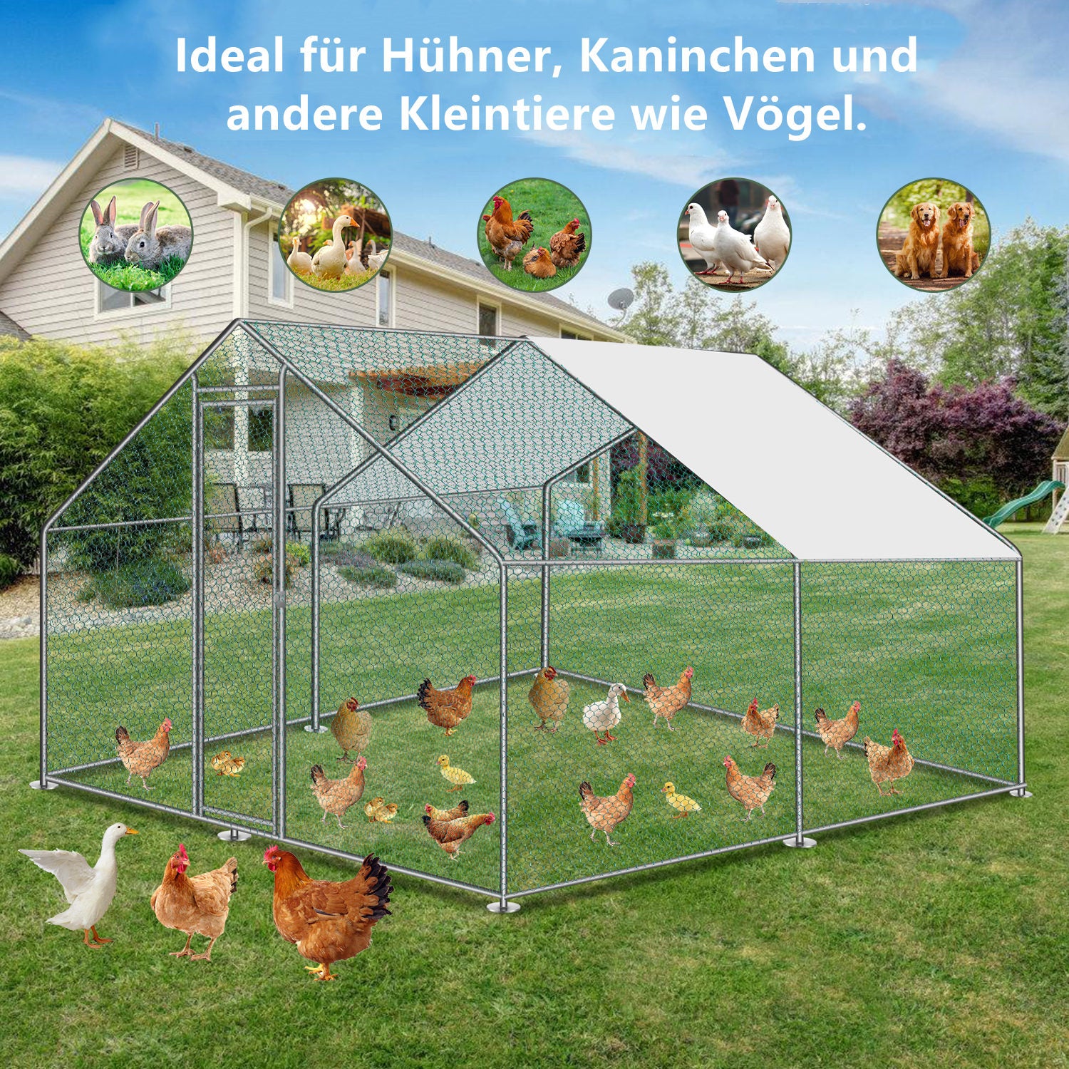 Sonnewelt 2025 Metall-Hühnerstall für den Außenbereich mit Markise – 3 x 4 x 2 m