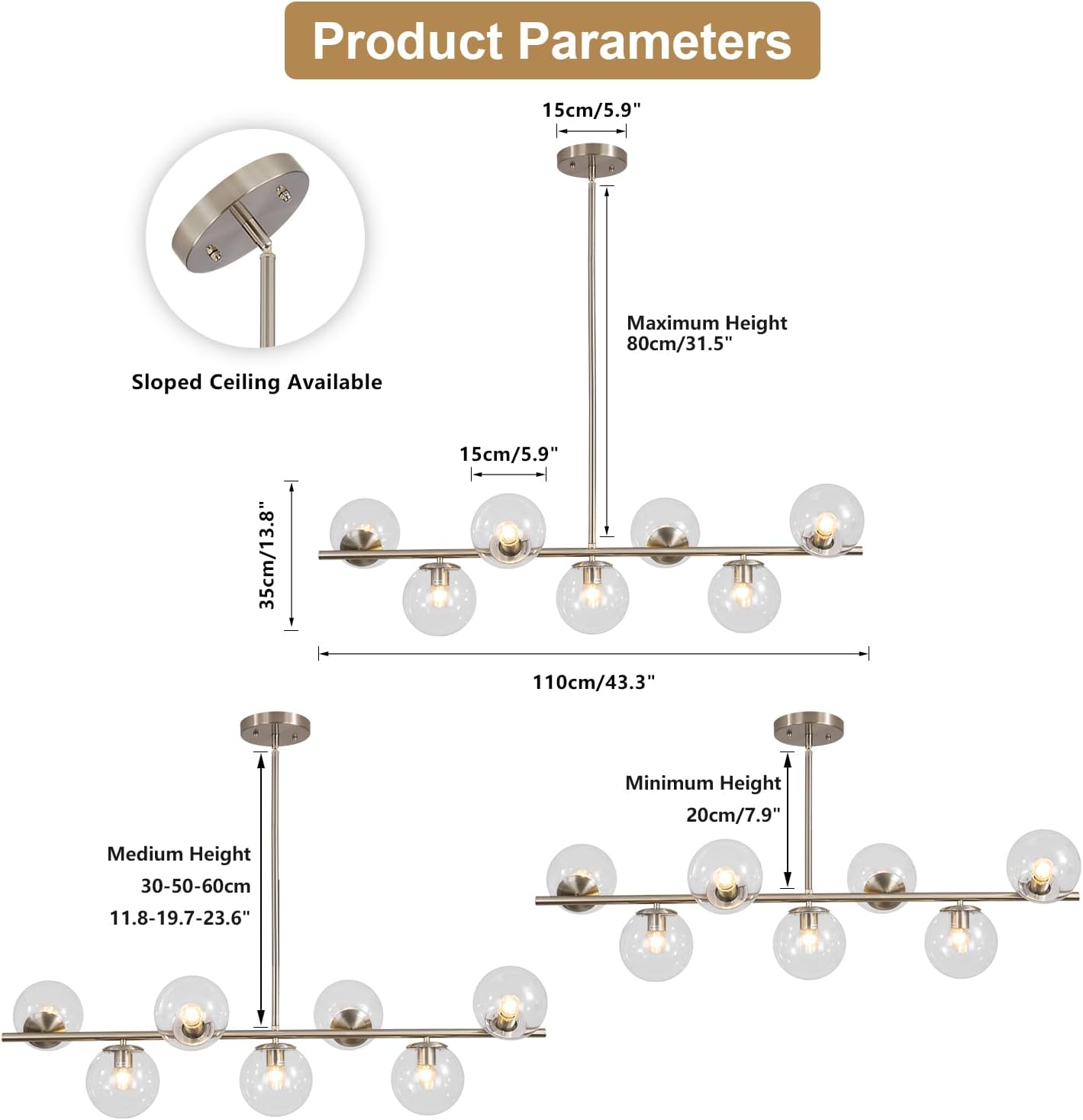 Moderne Esszimmerleuchte von KCO Lighting aus goldfarbenem Metall, Kücheninsel-Pendelleuchte aus weißem Glas, 7-flammig, E27, 80 cm höhenverstellbar
