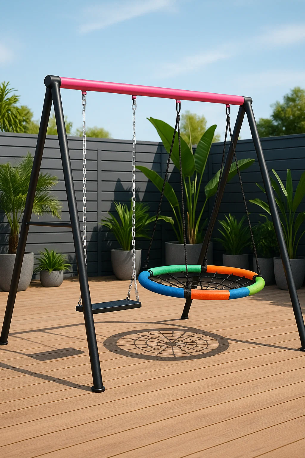 Balançoire extérieure double noire et balançoire circulaire en métal multicolore pour jardin 200x160x180 cm OplMLyIu81iU