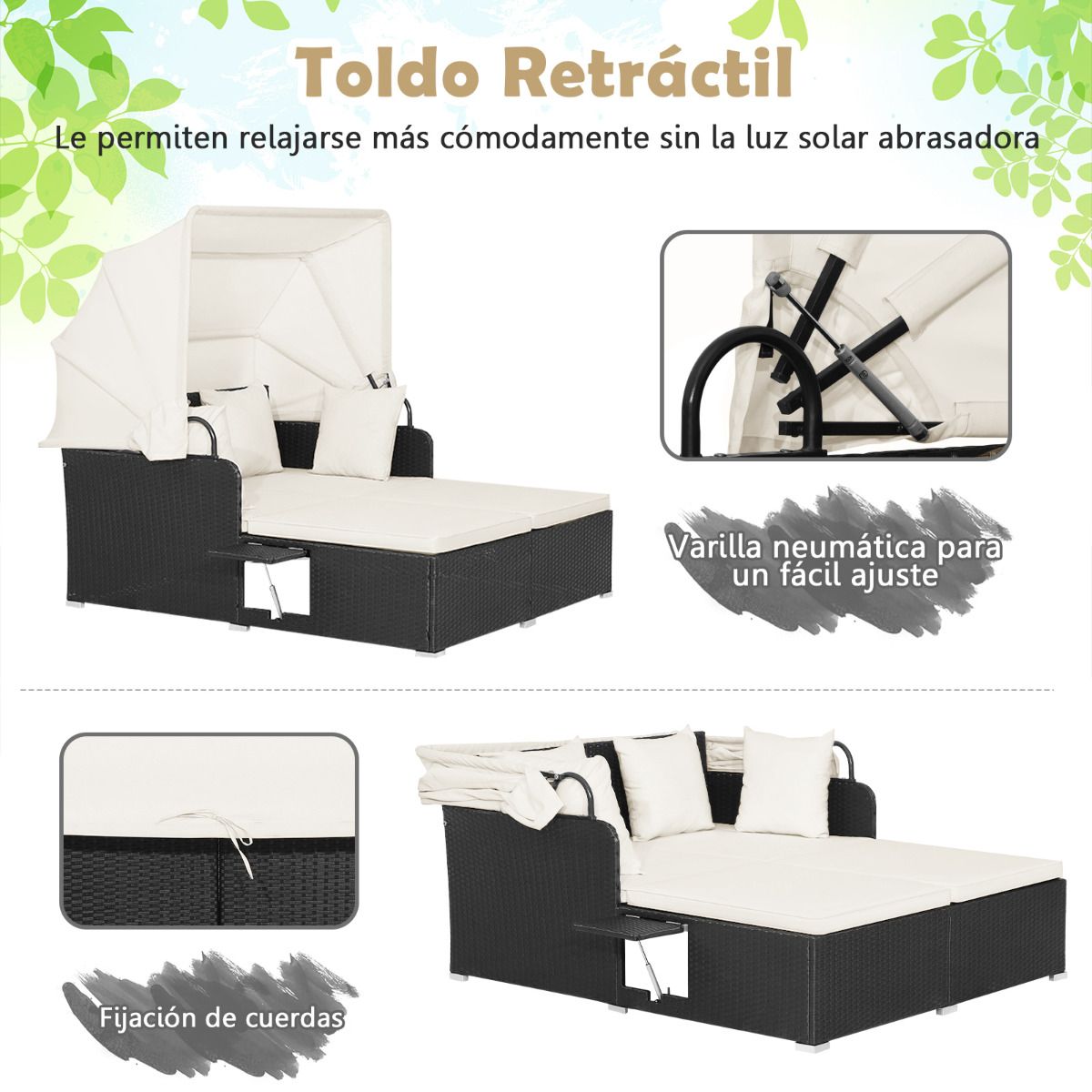 Dobbelt dagseng i rattan med solseng til terrassen og foldbare sidehynder til have/veranda, hvid