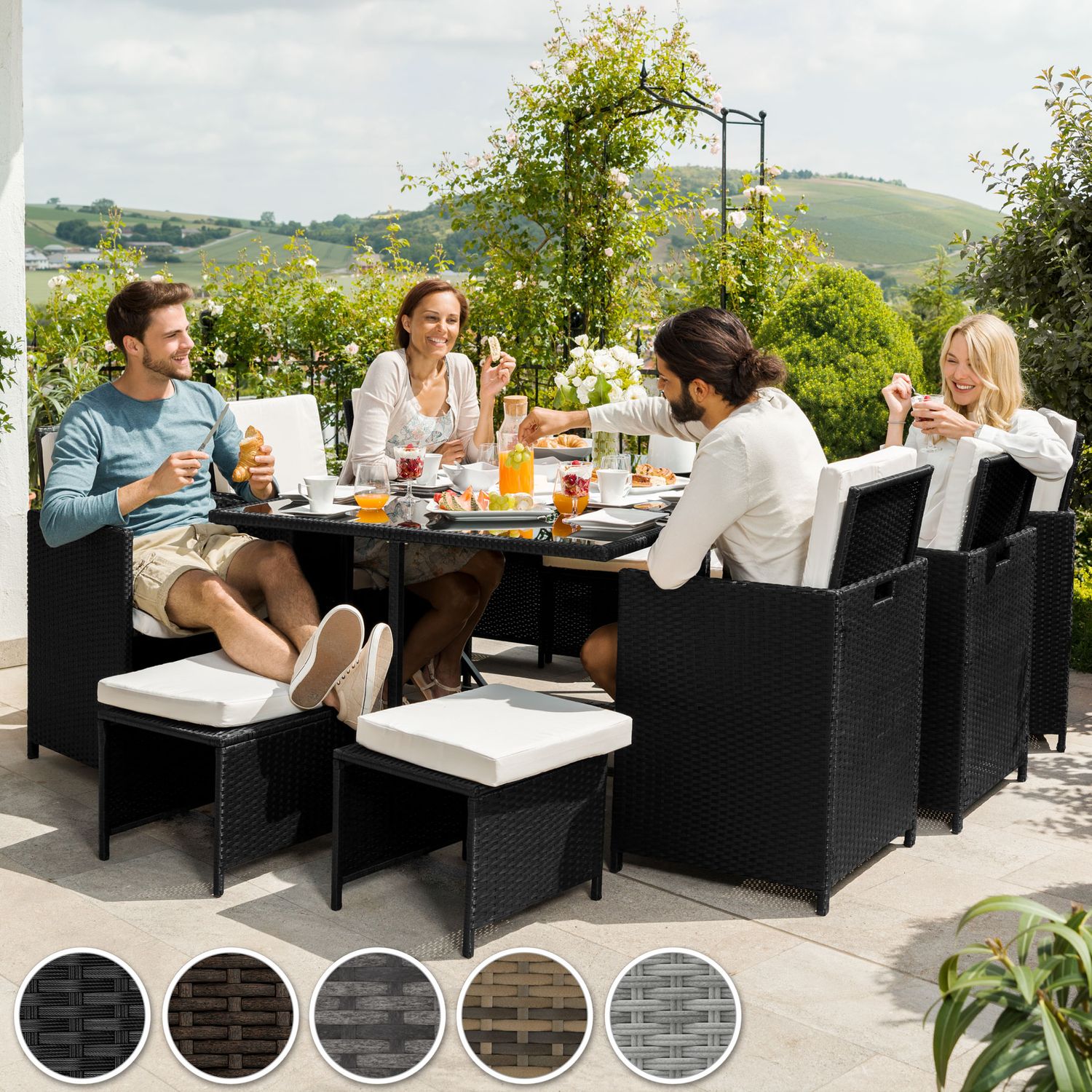 Malaga Rattan-Set 6+4+1, wasserdichte Schutzhülle - Natur