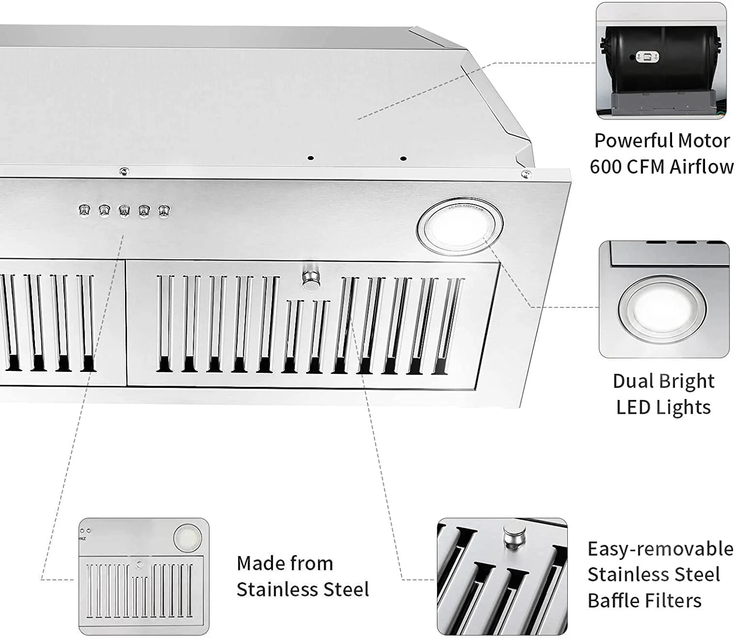 76 cm indbygget emhætte med kraftig udsugningsventil. 600 CFM