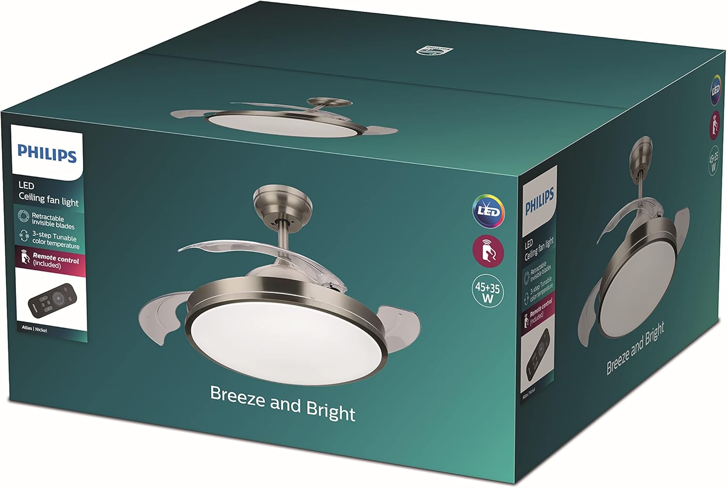Philips Lighting Atlas Deckenventilator mit LED-Beleuchtung und Fernbedienung, 106 cm, Nickel