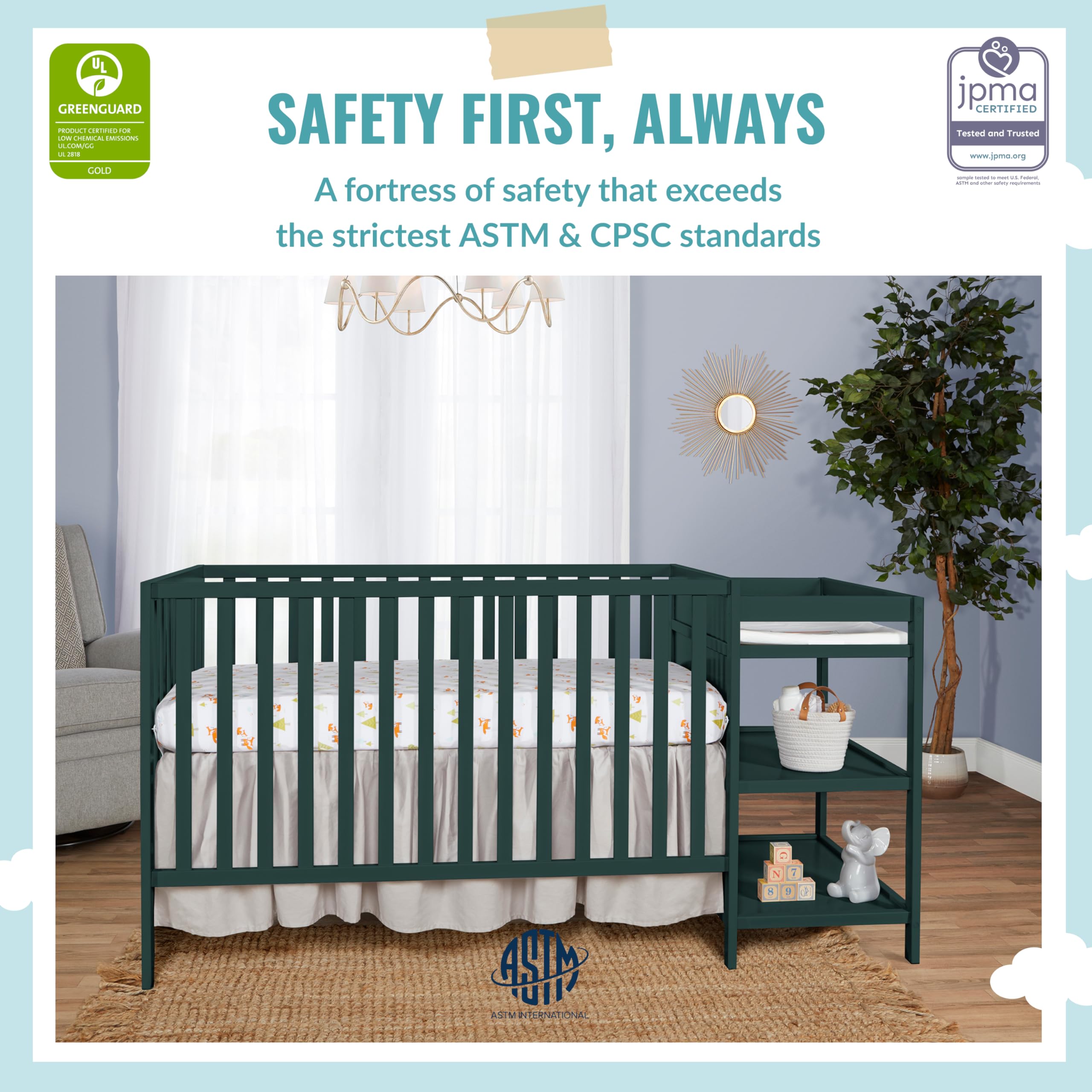 Lit bébé convertible Synergy 2025 avec table à langer. Olive