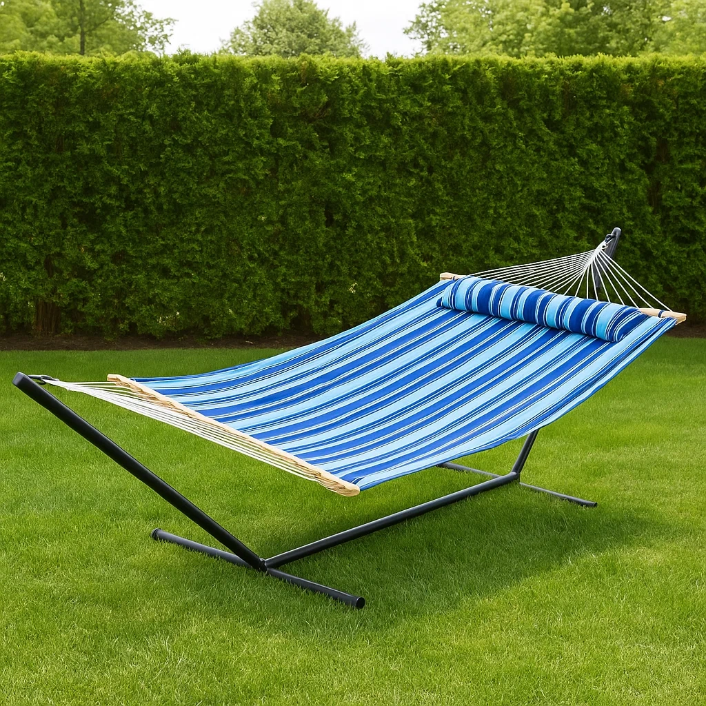 Hamac de jardin à rayures bleues, en polyester avec armature métallique, pour usage extérieur, 355 x 140 x 121 cm