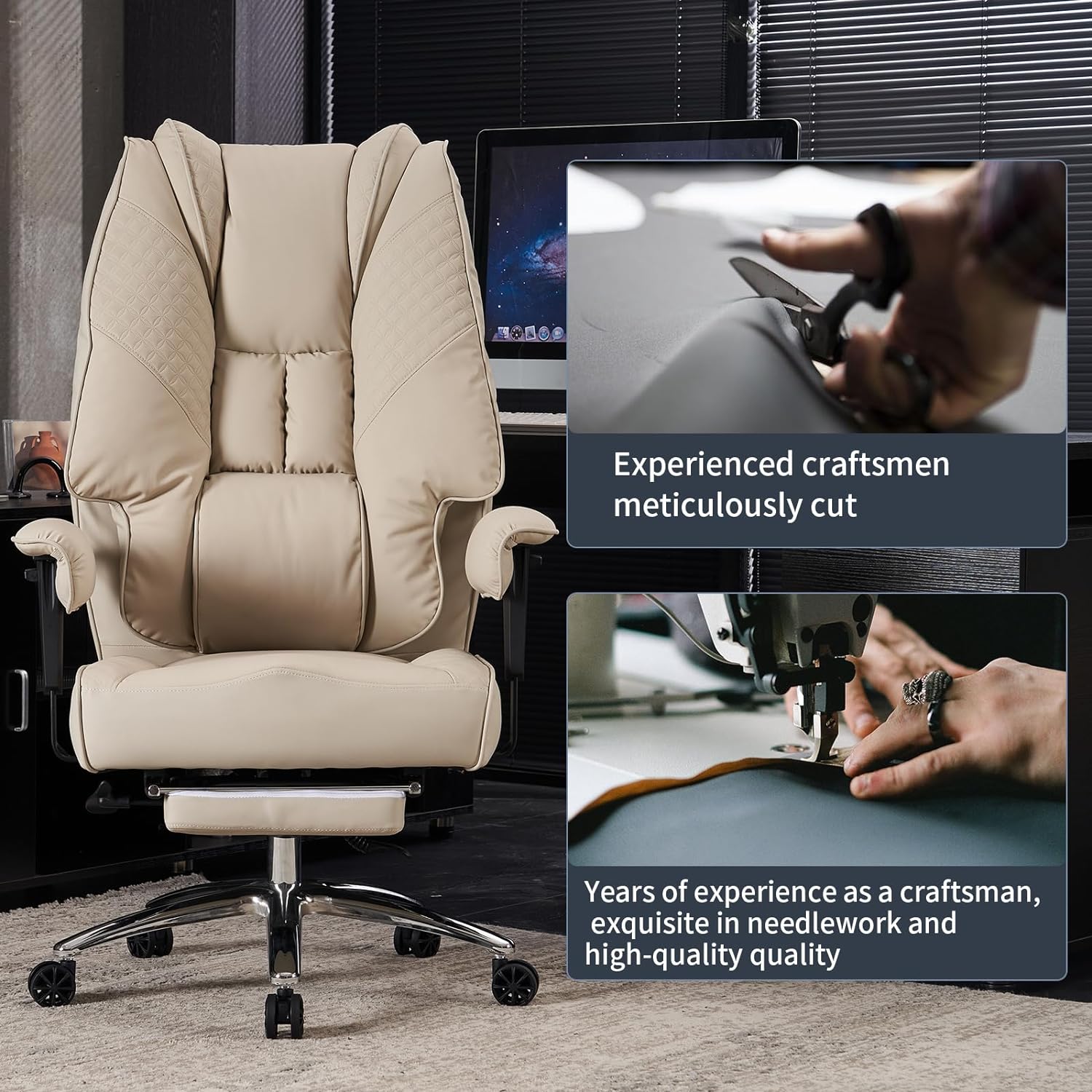 Hoher und breiter Bürostuhl für 181 kg, Chefsessel aus Leder mit hoher Rückenlehne und Fußstütze, ergonomischer Stuhl mit Lendenwirbelstütze zur Linderung von Rückenschmerzen (Beige)