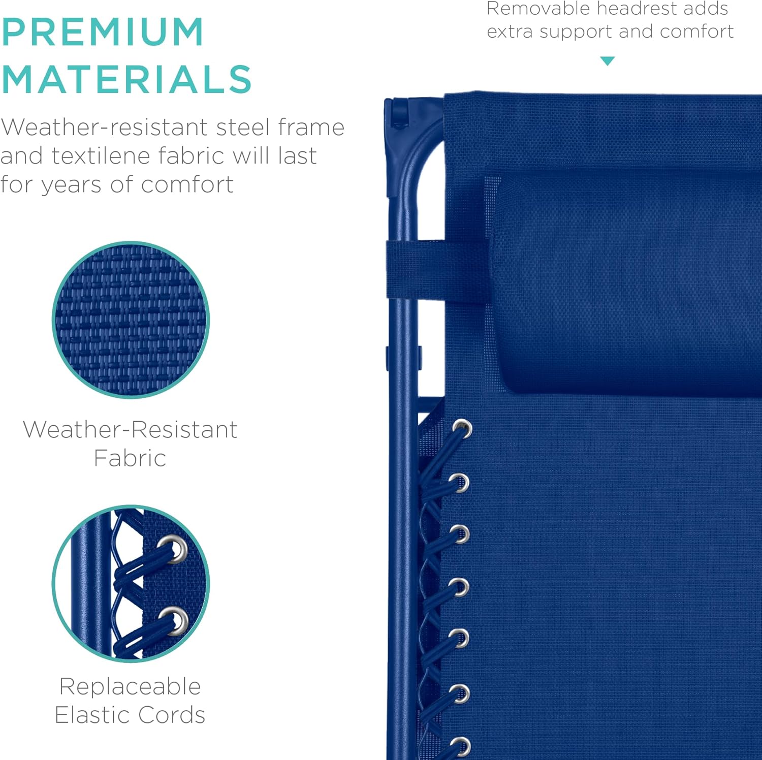 Bedste valg – Zero Gravity-lænestol til terrassen. Justerbar og foldbar udendørsstol med baldakin, nakkepude og sidebakke. Textilene – Påfugleblå