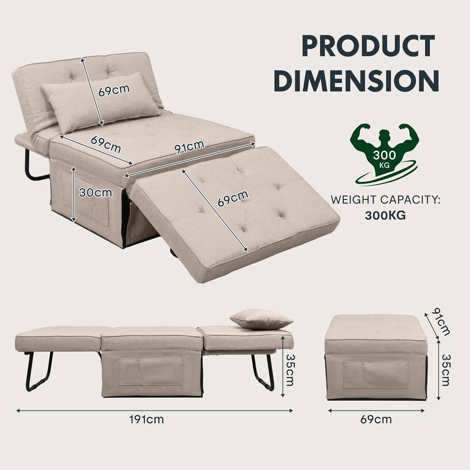 FLEXISPOT Schlafsofa, ausziehbarer Klappsessel mit Bettfunktion, Schlaffunktion, wandelbarer Schlafsessel, Belastbarkeit 300 kg, Grau
