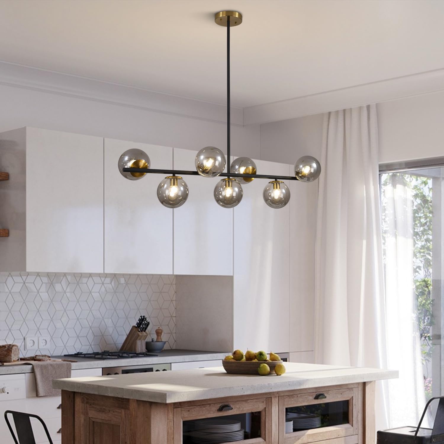 Moderne Esszimmerleuchte von KCO Lighting aus goldfarbenem Metall, Kücheninsel-Pendelleuchte aus weißem Glas, 7-flammig, E27, 80 cm höhenverstellbar