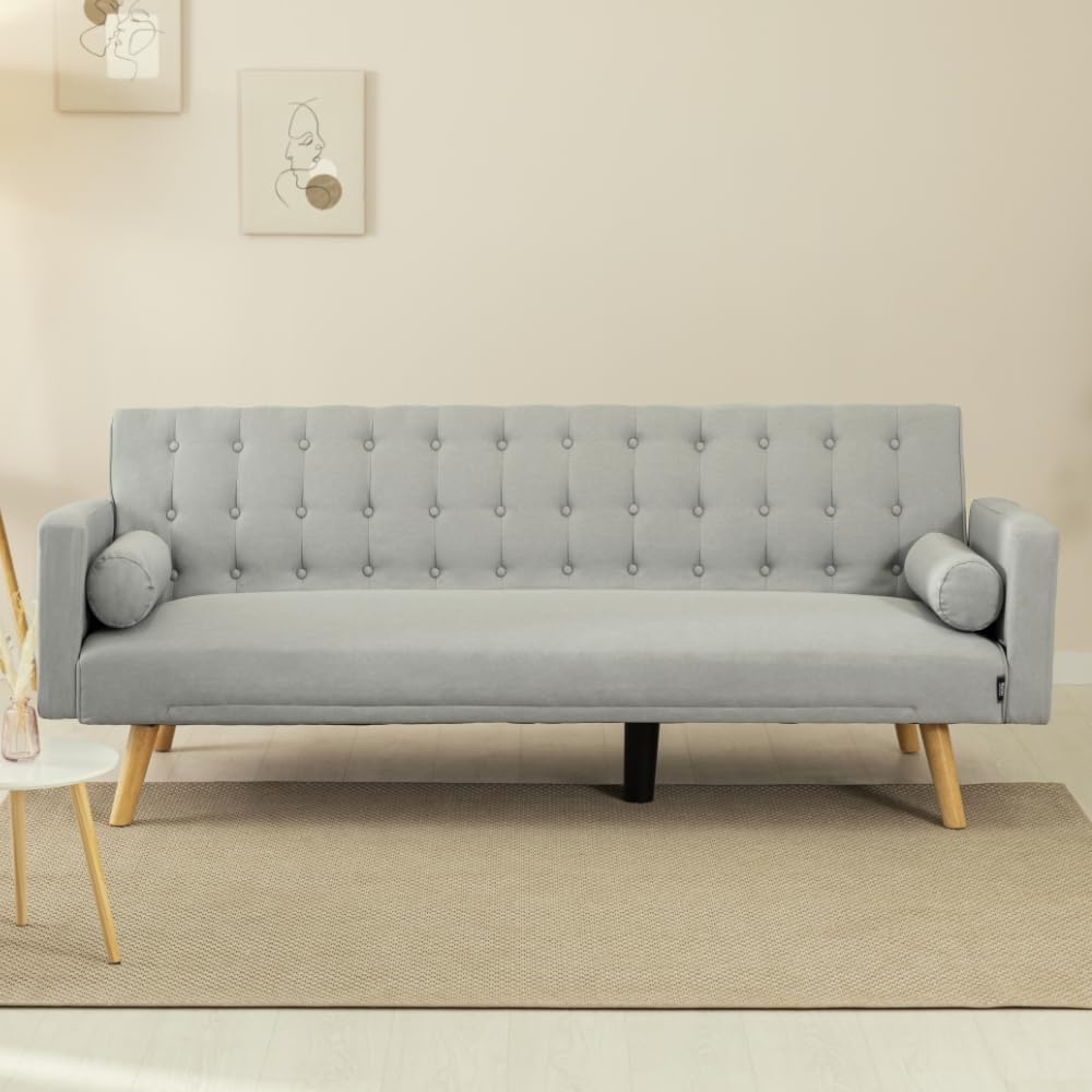 Nalui – 3-Sitzer-Schlafsofa, gepolstert, 203 x 82 x 78 cm, One Dots, mit 2 Kissen und Klick-Klack-Öffnungsmechanismus mit mehreren Liegepositionen. Chaiselongue-Schlafsofa mit Holzbeinen, umwandelbar in ein Doppelbett | Beige