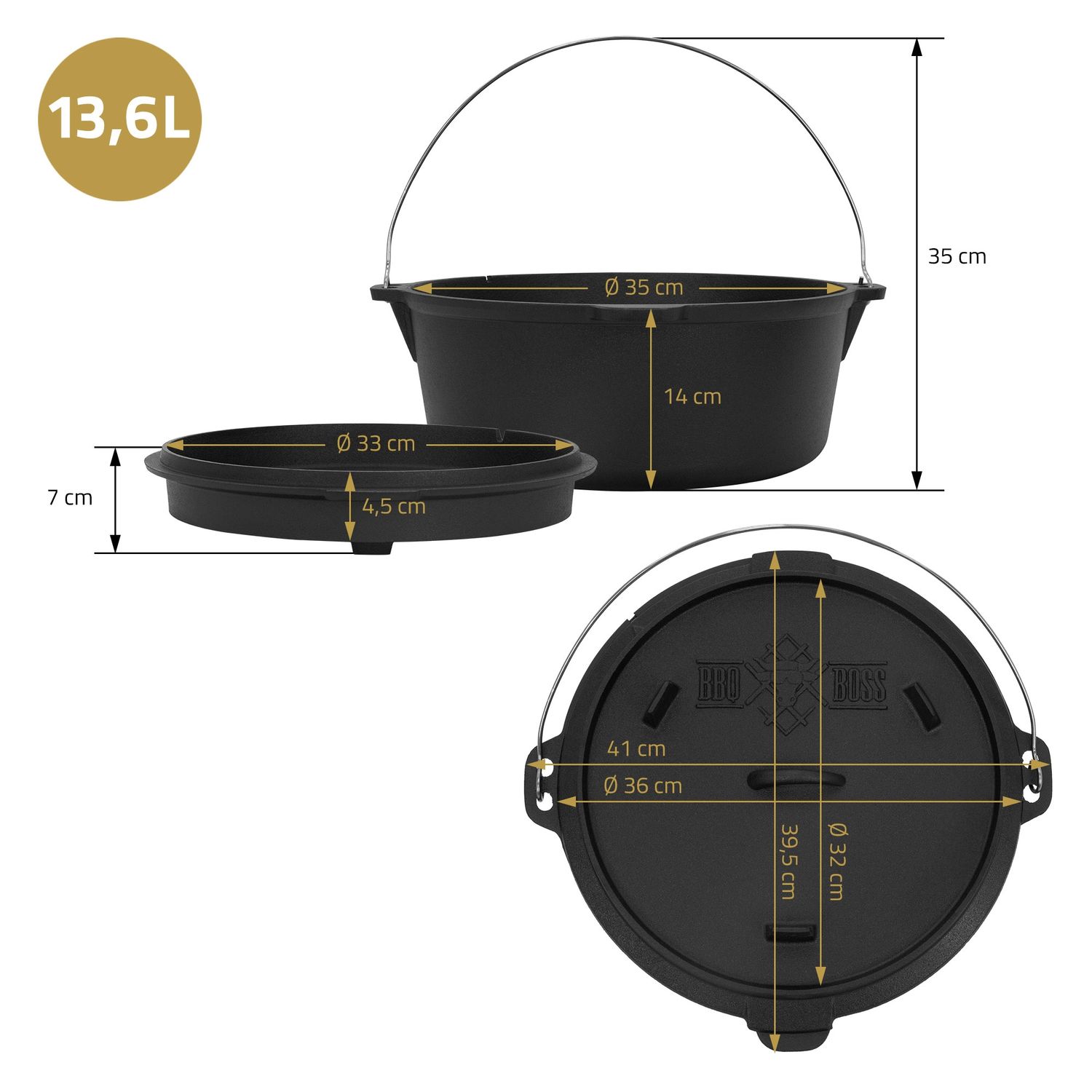 Ensemble de cocotte BBQ 13,6 L noir avec lève-couvercle et dessous de plat BBQ#boss