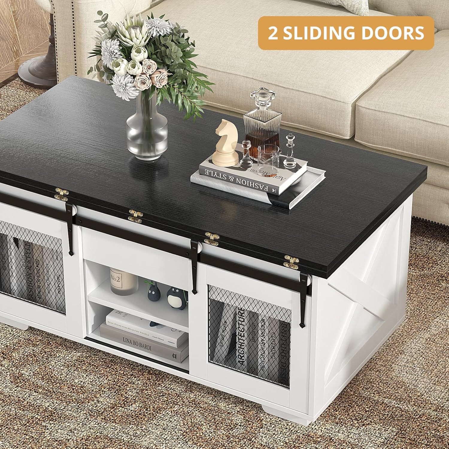 Table basse extensible VOWNER, plateau relevable, multifonctionnelle 3 en 1 avec rangement dissimulé - Salle à manger, convertible, style ferme, noyer