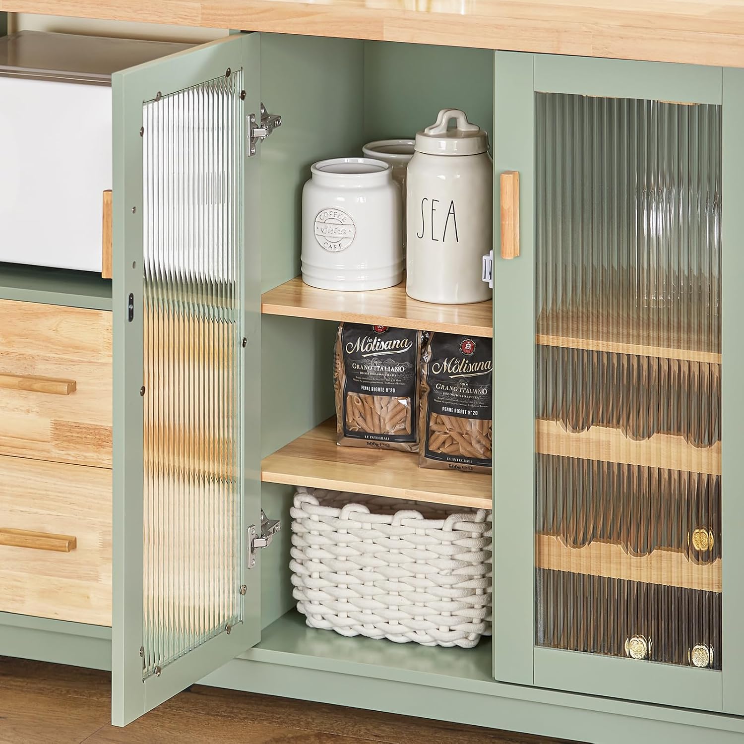 SoBuy FSB81-GR Küchenbuffet mit Mikrowellenfunktion für Esszimmer, Eingangsbereich und Wohnzimmer, mit 2 Türen, 2 Schubladen und 1 offenem Fach, Grün, 120 x 40 x 90 cm, EN