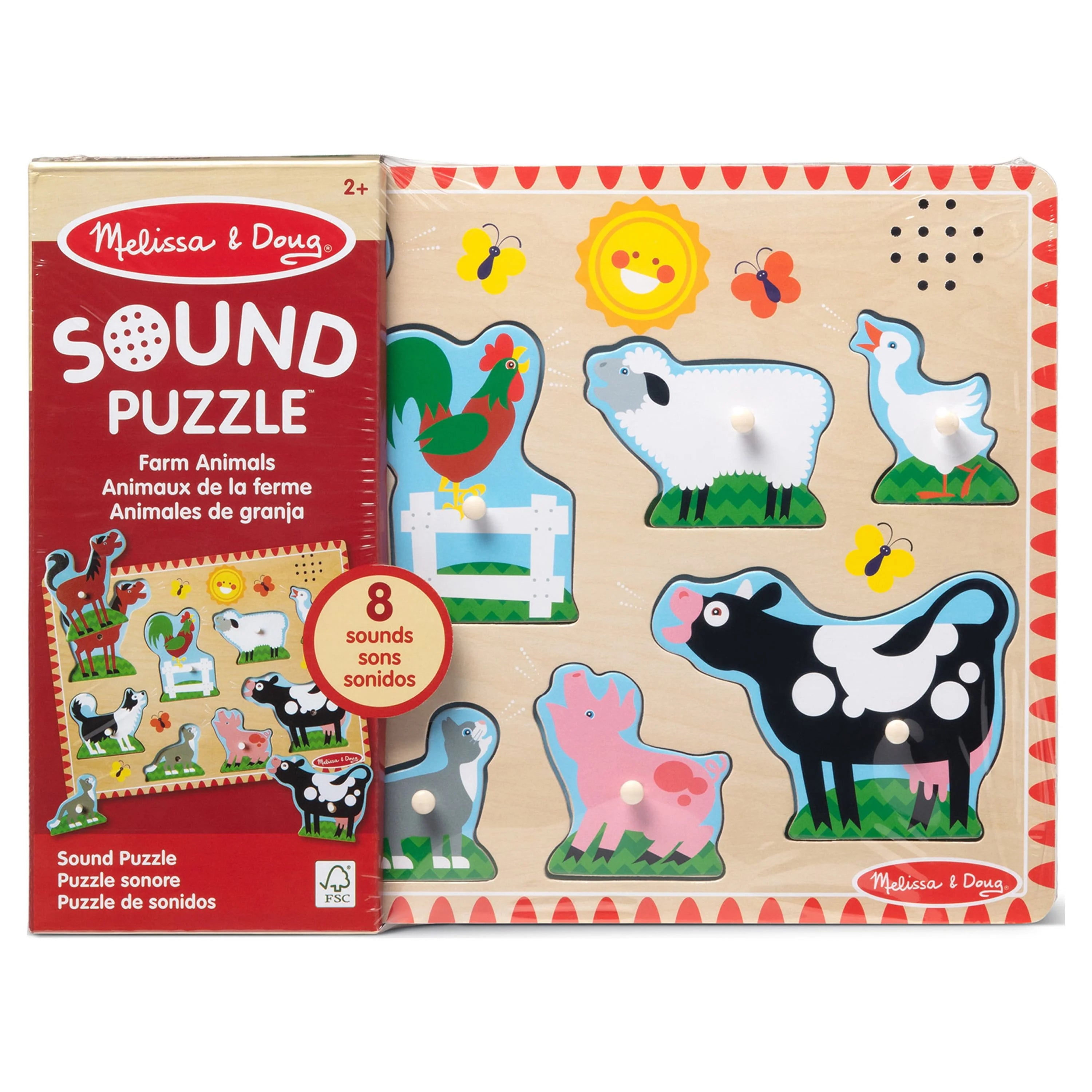 Melissa & Doug Bauernhof-Tiergeräuschpuzzle – Holzpuzzle mit Steckverbindungen und Soundeffekten (8 Teile)