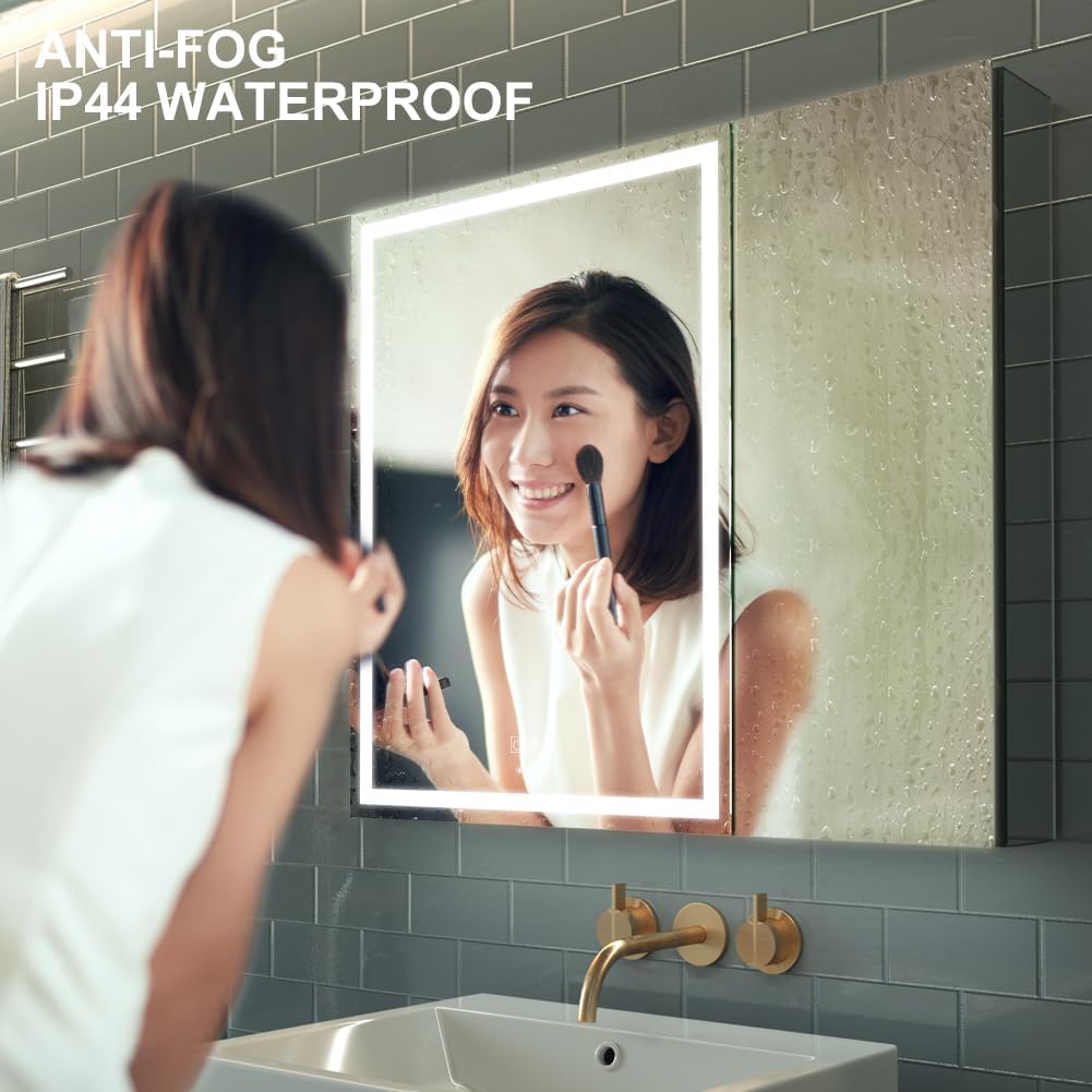 GANPE LED-belysning badeværelsesspejlskab med stik og USB, dugfrit aluminiumsskab og farvejustering, rustfri og nem at installere (50 x 70 cm)